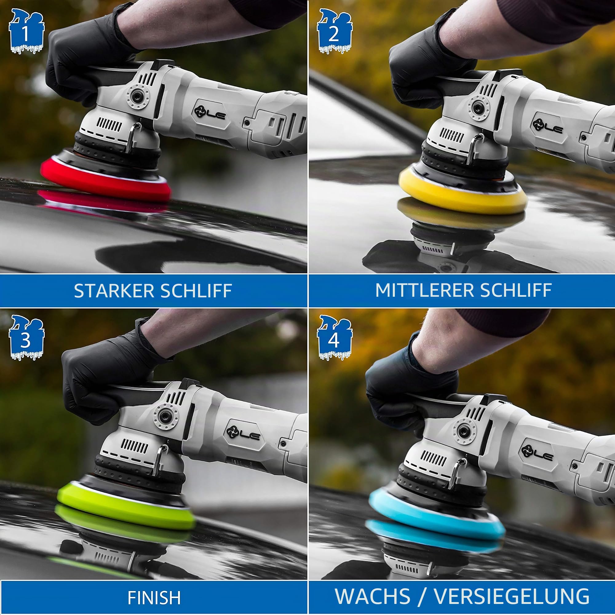 Detailmate Auto Politur Set - Menzerna Autopolitur, 250ml: - Super Heavy Cut Compund HC1000 + Medium Cut 2500 + Final Finish FF3000 + Liquid Carnauba Wachs + 4 passende Menzerna Pads + Poliertuch
