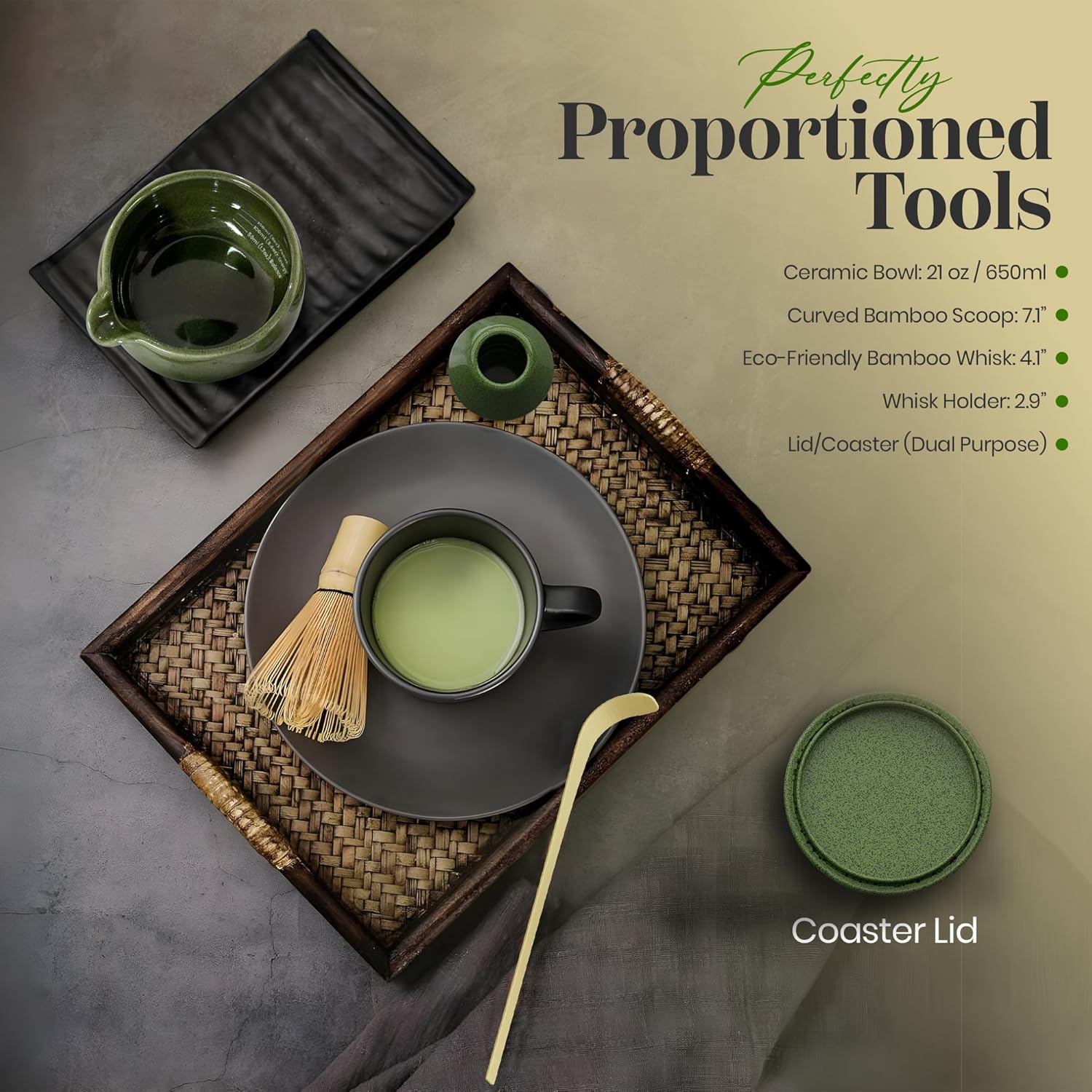 NEXTLUXE Matcha Whisk Set – Matcha Bowl and Whisk Traditional Bamboo Chasen with Ceramic Bowl, Matcha Sets, Matcha Whisk and Bowl, Matcha Sarter Kit - Measurement Lines, Spoon & Lid – Green