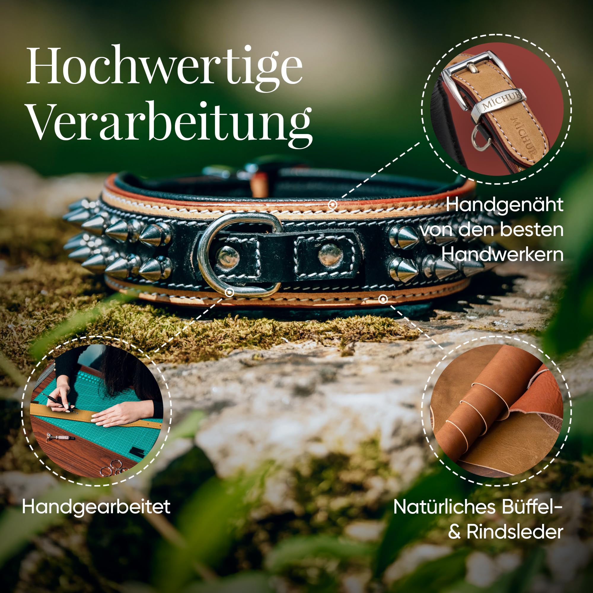 MICHUR Strike NO. 1 Hundehalsband Leder, Beige Schwarz, Breit, Nieten | Lederhalsband Hund, schwarz beige, Leder Hundehalsband, mit Nieten, Halsband breit, verschiedene Größen