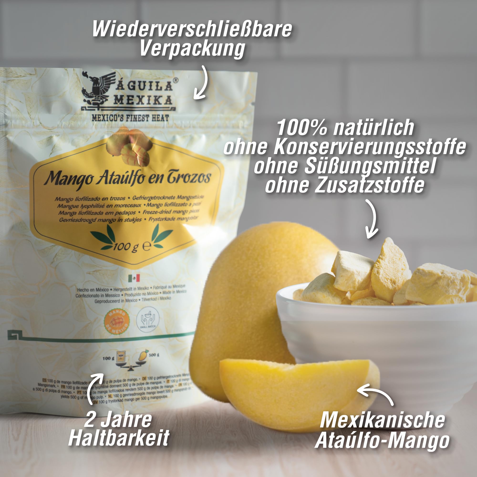 AGUILA MEXIKA | Gefriergetrocknete Mangostücke 12er-Pack | aus mexikanischen Ataulfo Mangos | Natürlich süß - Vielseitig einsetzbar.