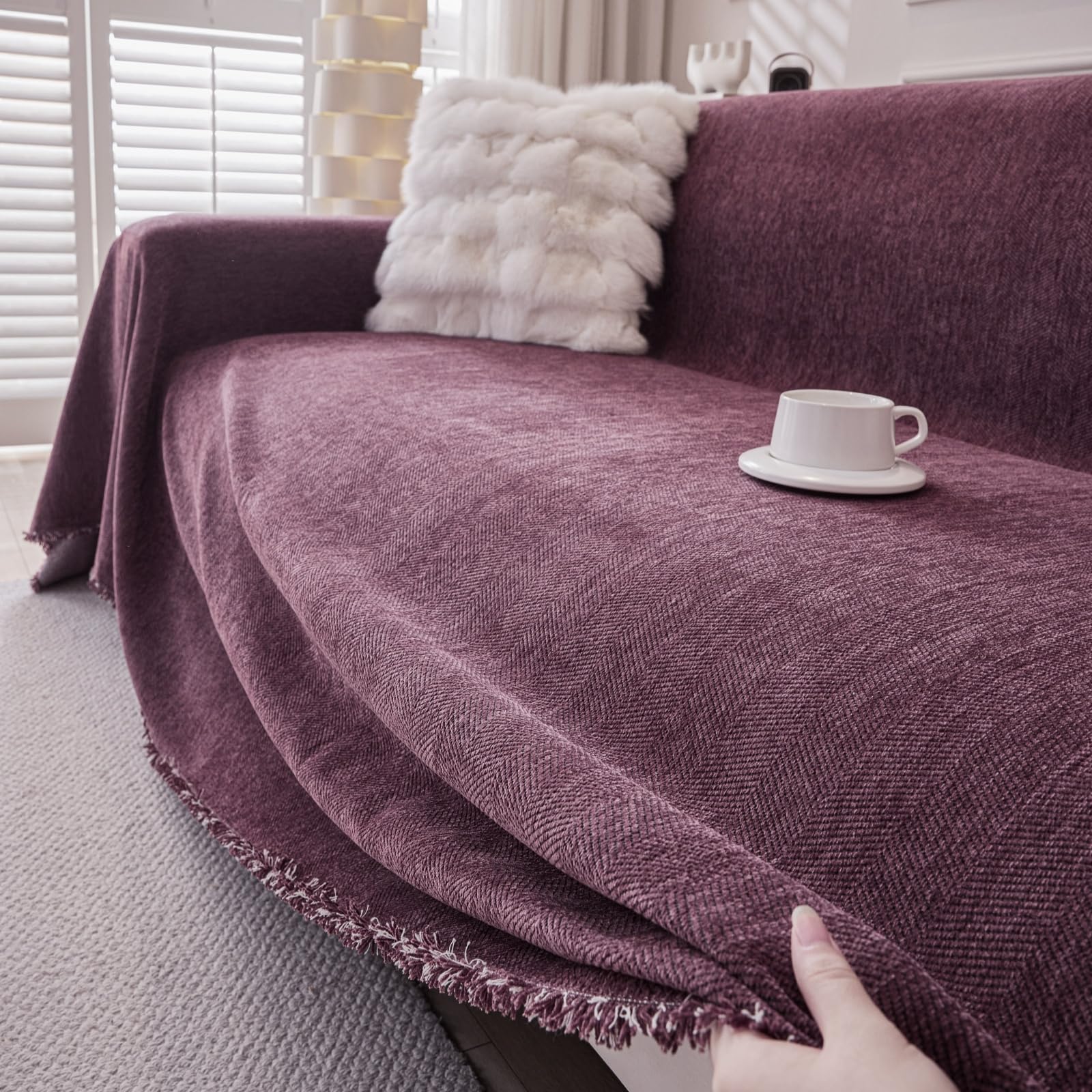 TAOTAOGO Sofa Cover 2 3 Seater Chenille Corner Sofa Slipcover Washable L Shape Sectional Couch Cover Furniture Protector for Pet All-Season B Herringbone Purple 180x300cm — image 1