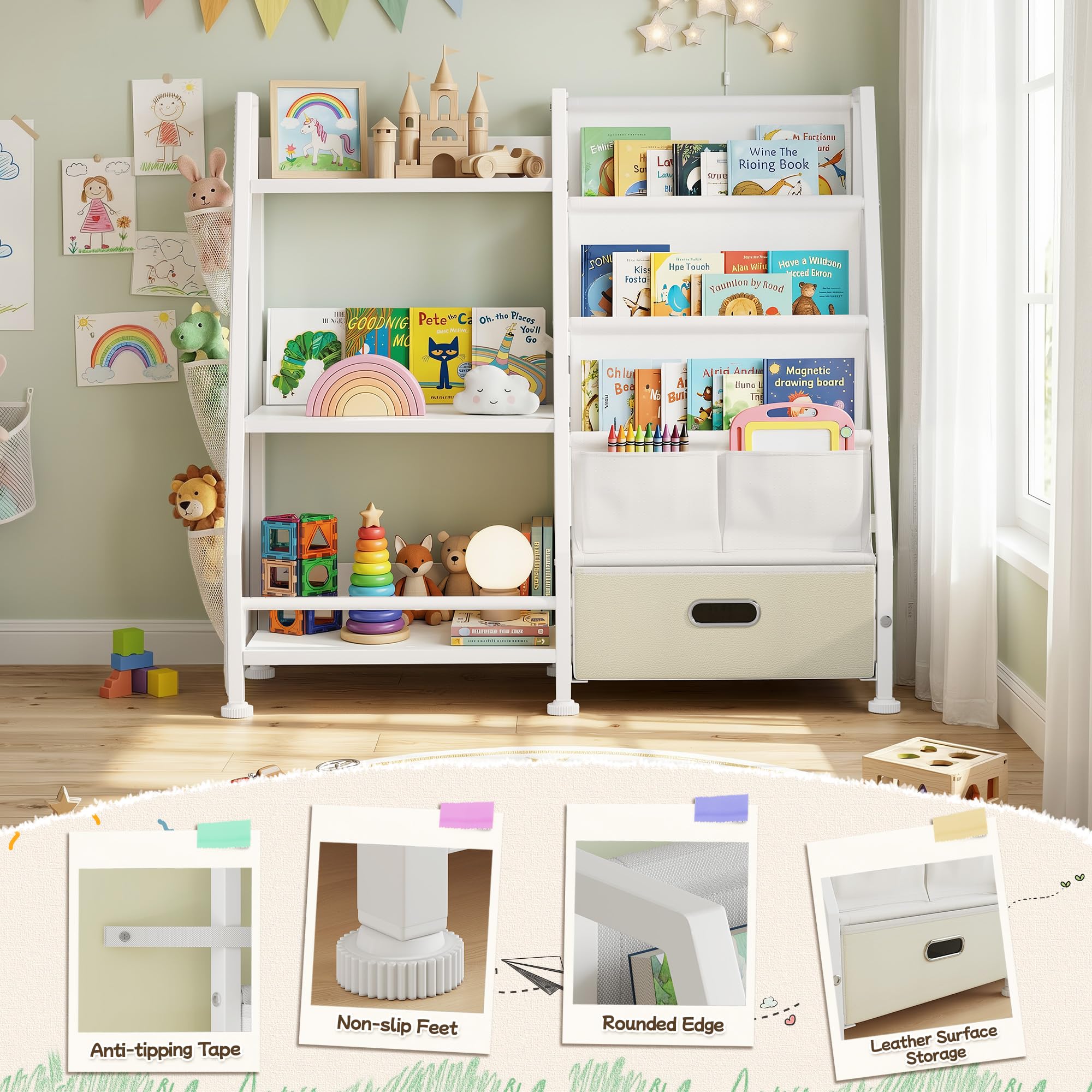 Kinderregal Kinderzimmer Weiß Offenen Aufbewahrungsregal: Kinder Bücherregal mit 3 Offenen Fächer - Spielzeug Regal mit 1 Aufbewahrungsboxen für Spielzimmer