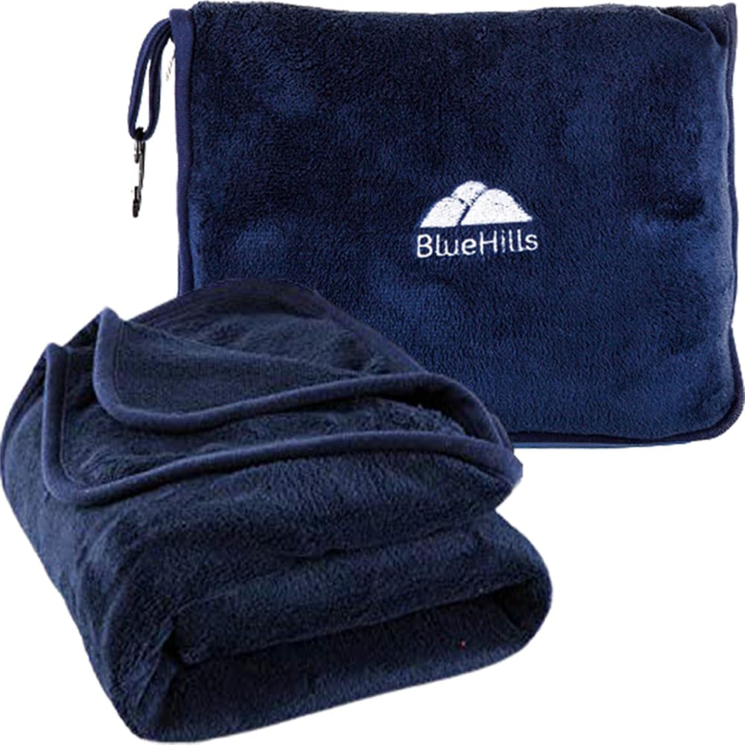 BlueHills Premium Soft Long Travel Blanket Pillow for Tall Airplane Flight Blanket Throw in Soft Bag case with Hand Luggage Belt & Backpack Clip Compact Pack Large Blanket Navy Blue T051-image-41