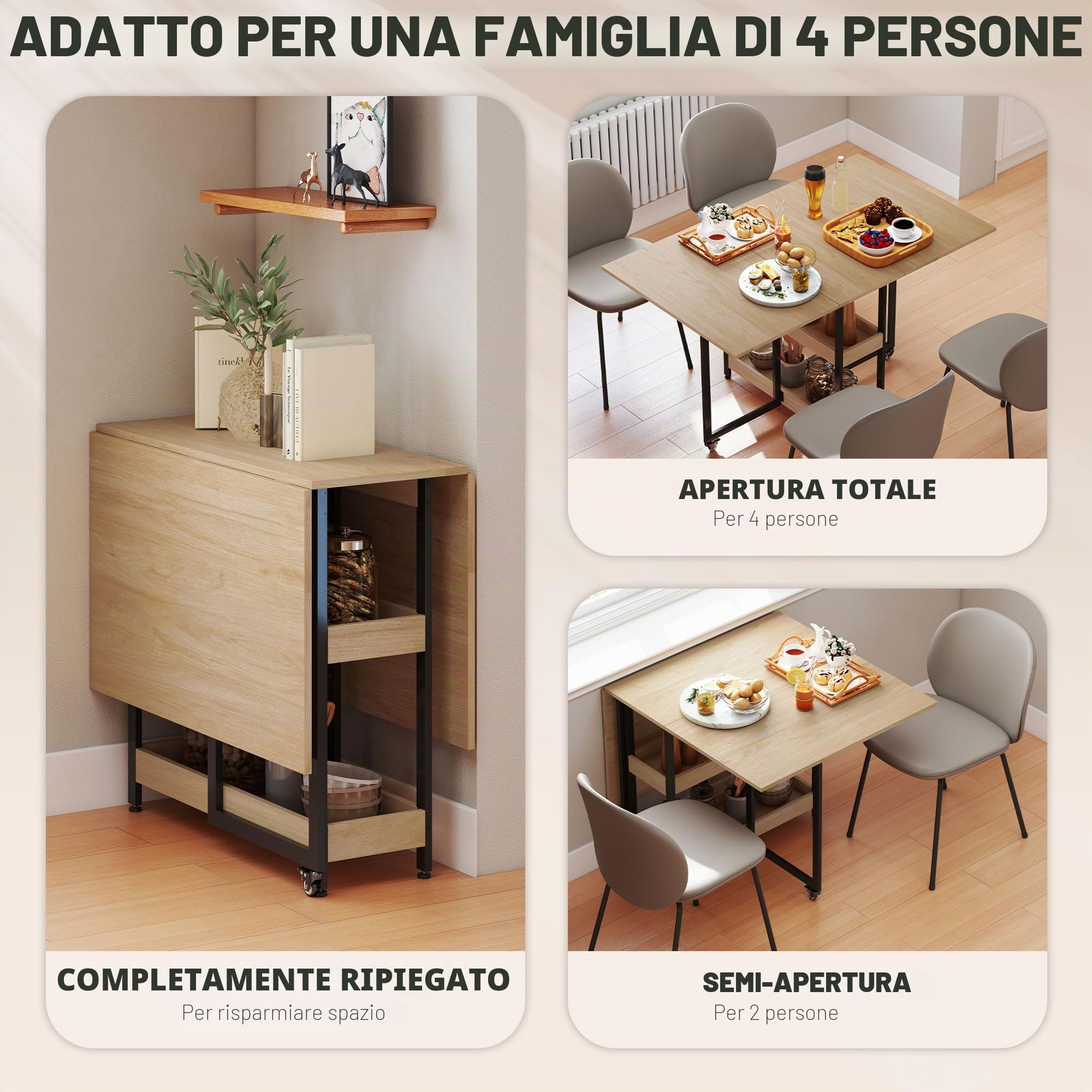 HOMCOM Tavolo da pranzo pieghevole allungabile su ruote per 4 Rovere