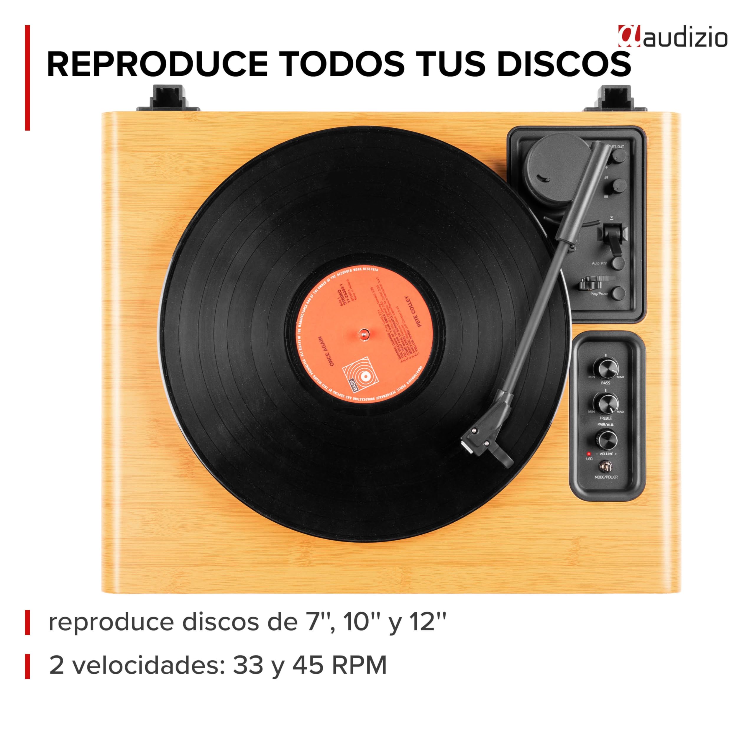 Audizio Laredo – Tocadiscos de Vinilo Bluetooth con Altavoces HiFi 160W, cápsula Audio Technica, Gira Discos con Plato de 29 cm, giradiscos Vinilo con RCA y BT in/out, Acabado en bambú