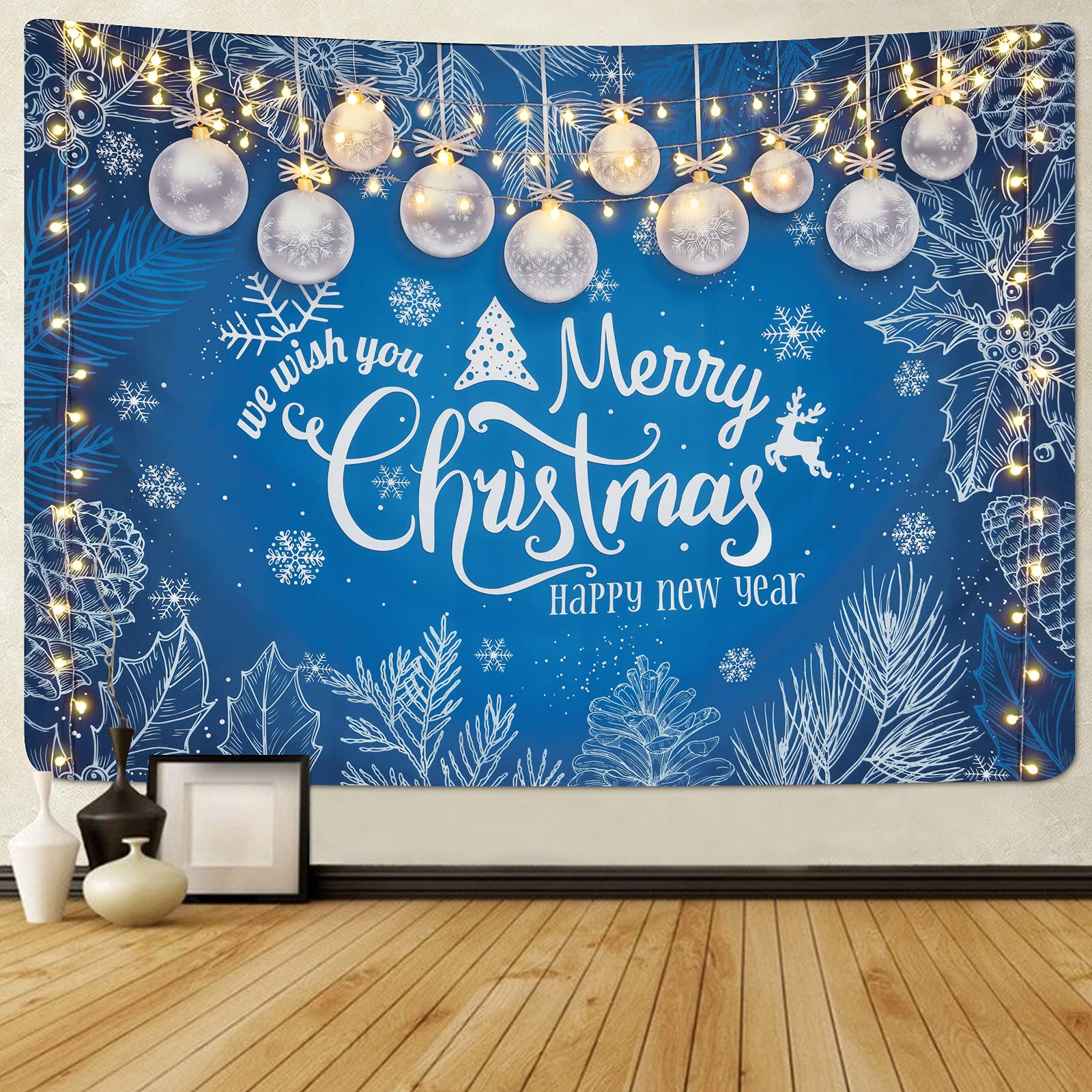 Merry Christmas Tapestry Silver Balls Snowflakes Tapestry Christmas Ornaments Tapestry Leaves Happy New Year Tapestry Wall Hanging Art for Bedroom Living Room Festival Decor (59.1 x 82.7 inches)