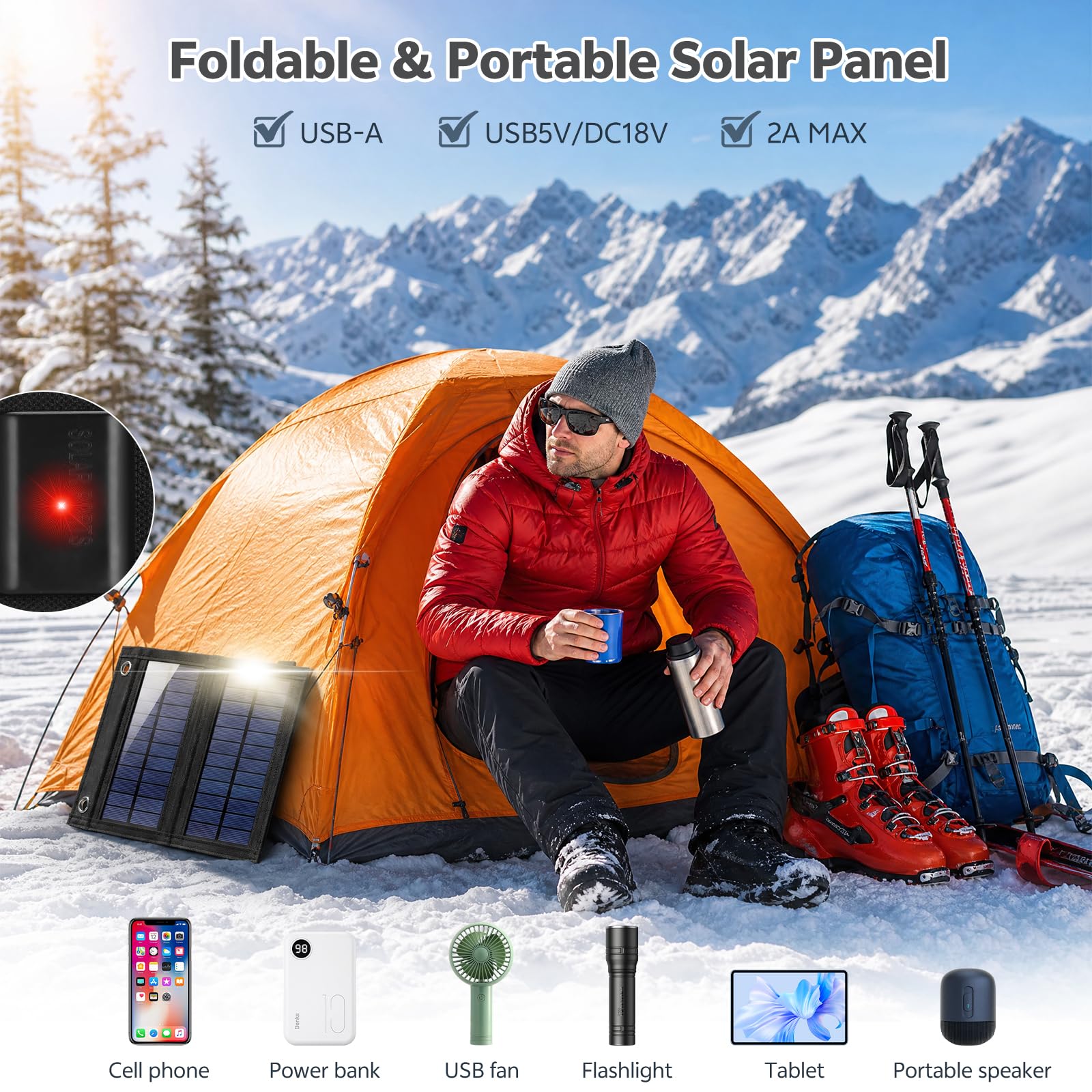 Starvortex Pannello Solare Portatile da 20W, Caricabatterie Solare Pieghevole USB 5V Impermeabile IP65 con 2 Ganci, per Telefono, Power Bank, Campeggio, Escursionismo, Emergenza