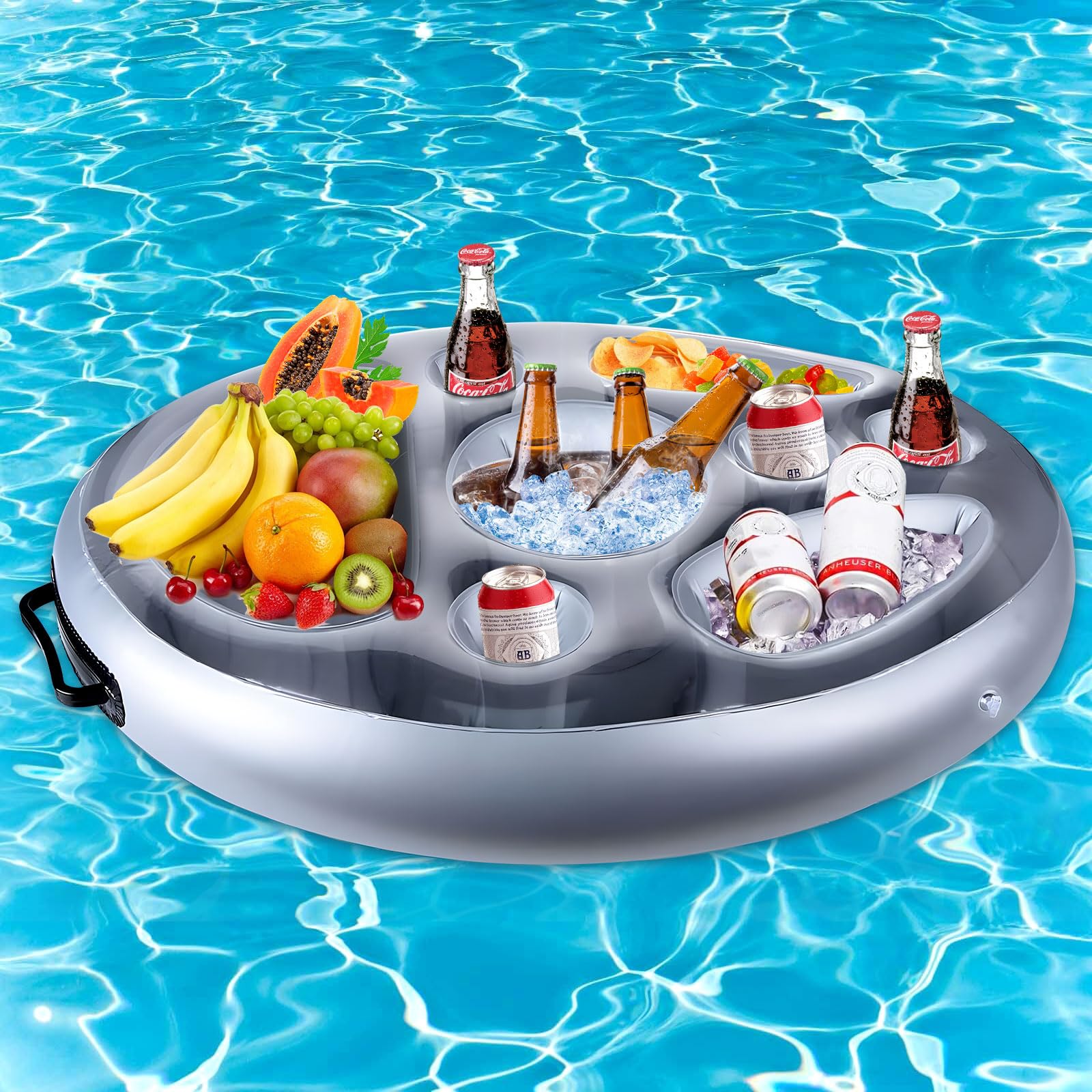 Amzeeniu Portabibite Gonfiabile Portabevande 2-in-1 e Porta Snack Bar Piscina Portabottiglie Galleggiante PVC Portabottiglie Gonfiabile Galleggiante Festa in Piscina Estiva