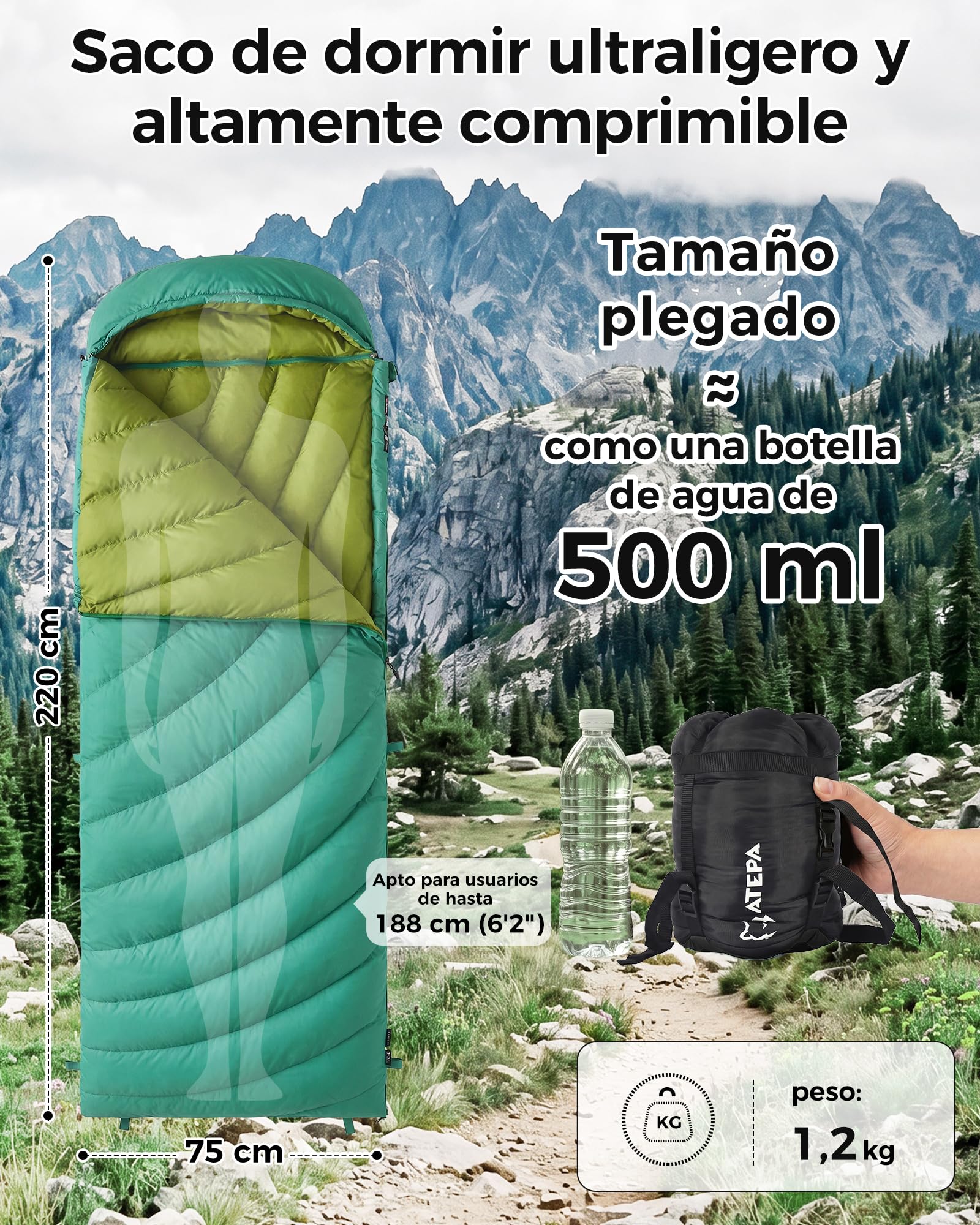 ATEPA Saco de dormir de plumón, saco de dormir para exteriores, saco de dormir con 600 fp, impermeable, saco de dormir para 4 estaciones, ideal para adultos en camping, viajes y aventuras