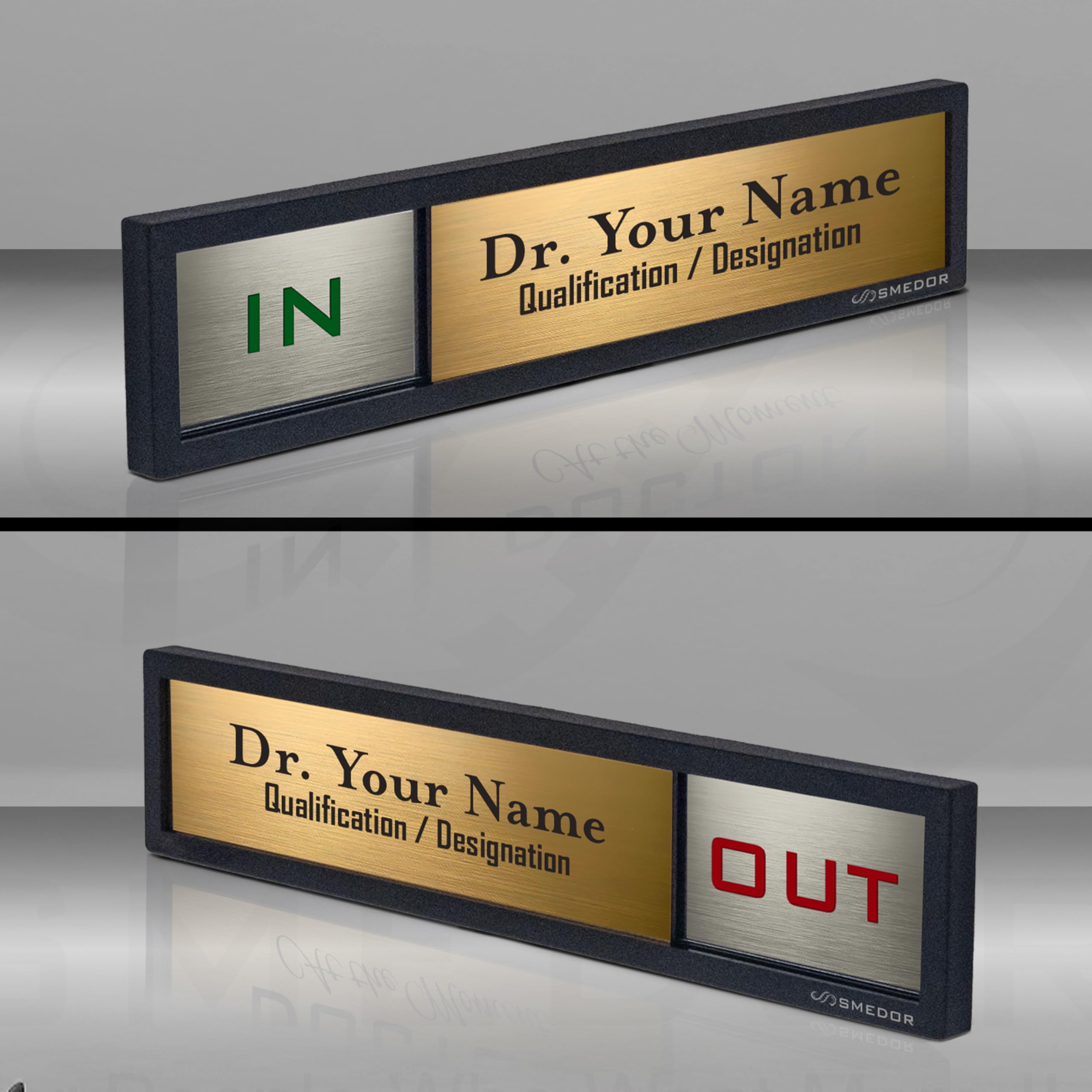 SMEDOR® "YOUR NAME IN/OUT" Professional sliding sign board - on-door signboard- Customisable name plate display with in/out status - information letter board - custom sliding signs