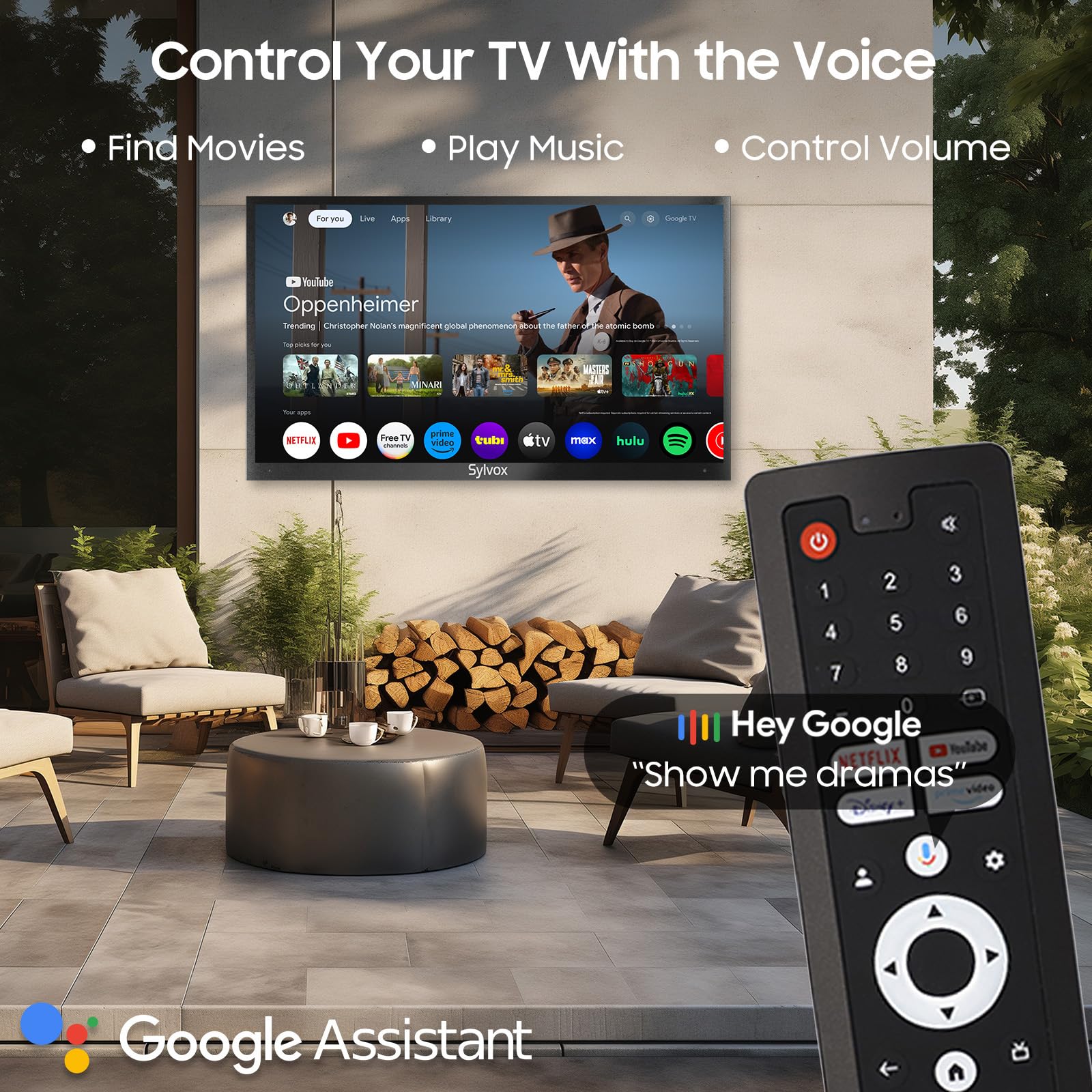 SYLVOX 65-Calowy Telewizor zewnętrzny, 4K UHD QLED 1000 nitów, Smart Google TV IP55 wodoodporny, HDMI, DVB-T2/S2/C, USB, WiFi, Asystent Google, Outdoor TV do Basenu, Ogrodu, Tarasu (Deck Pro 2.0 QLED)
