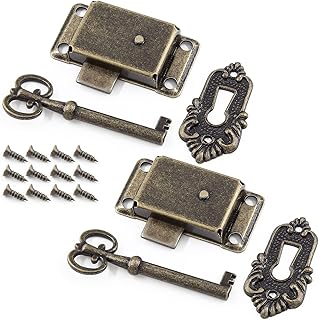 2 Sets Skeleton Key Lock Decorative Antique Bronze Cabinet Vintage Lock with Key and Screws for Chest Cupboard Furniture