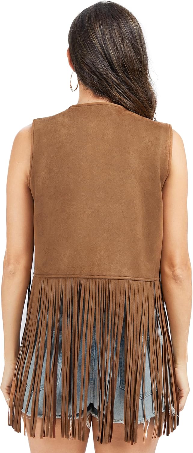 Fahsyee Fringe Vest Women Western Outfits 70s Hippie Cowgirl Sleeveless Top Faux Suede Tassel S-XXL - Image 3
