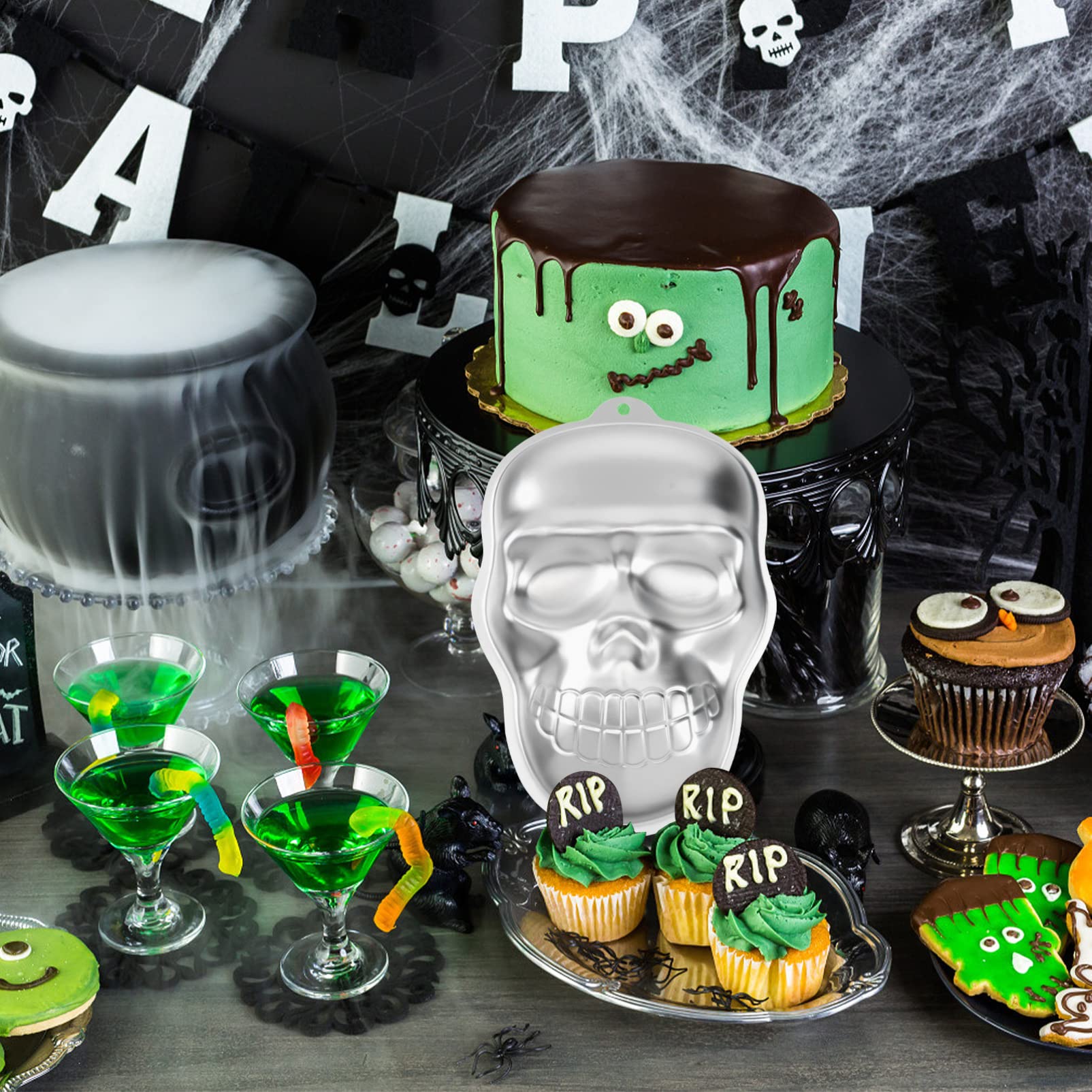 Luxshiny Halloween Skull Cake Mold Aluminum Baking Mold for Chocolate Fondant Candy 3D Skull Head Nonstick Flexible 10.7X7.3X1.6 Inches - Image 4