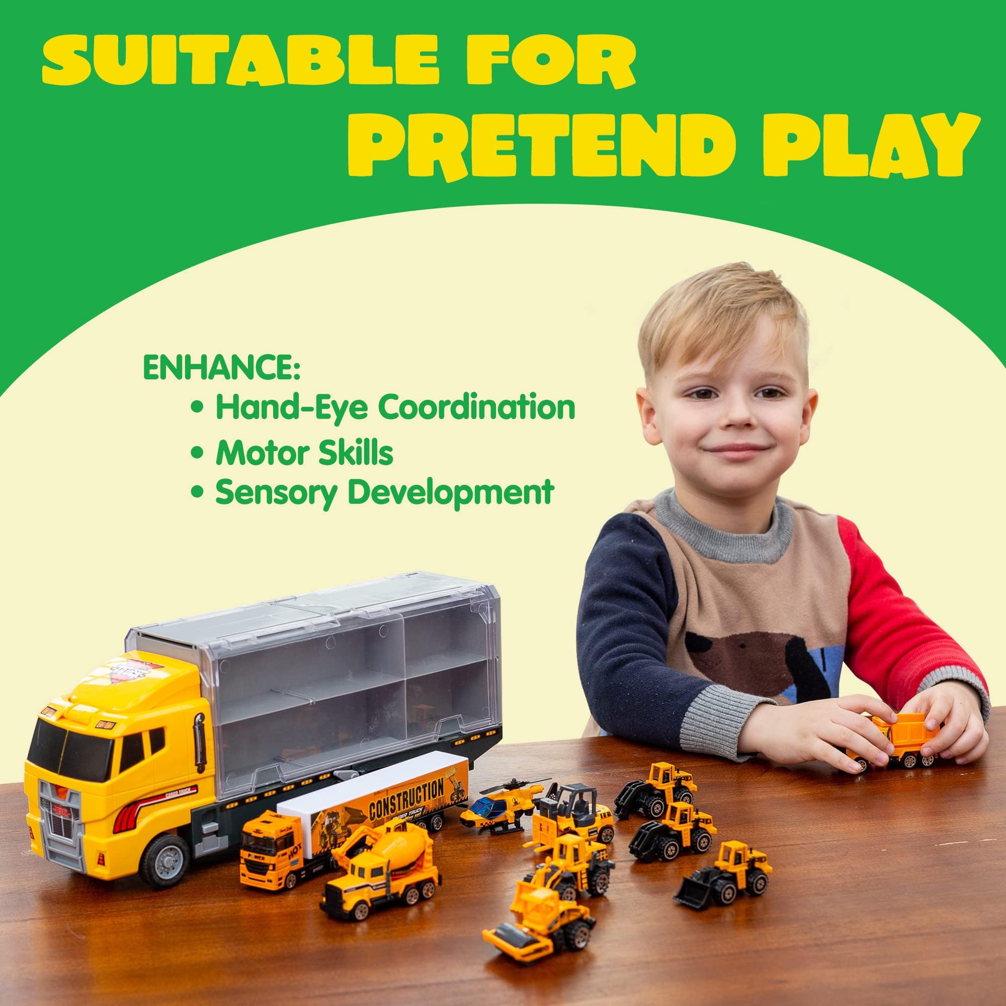 JOYIN Lot de 11 mini camions de construction moulés sous pression - Avec 8 figurines techniques - Cadeau d'anniversaire d'enfant pour garçons à partir de 3 ans