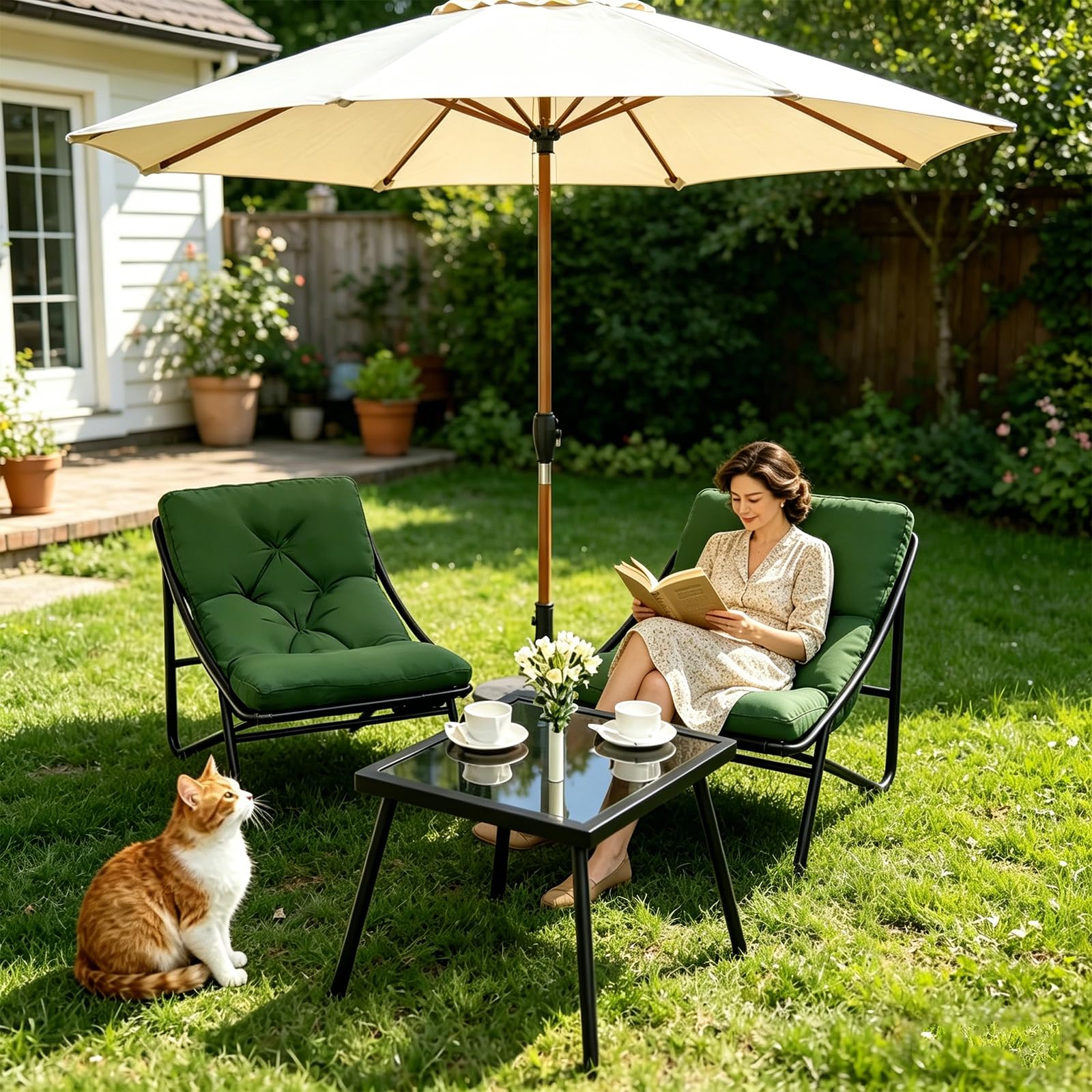 Balkonmöbel Set 3 teilig, Gartenmöbel Set,Terrassenmöbel 2 Stühle mit Sitzkissen und Tisch,Balkonmöbel Kleiner Balkon, Bequemer Balcony Furniture Sitzgruppe für Garten Terrasse. (Grün)
