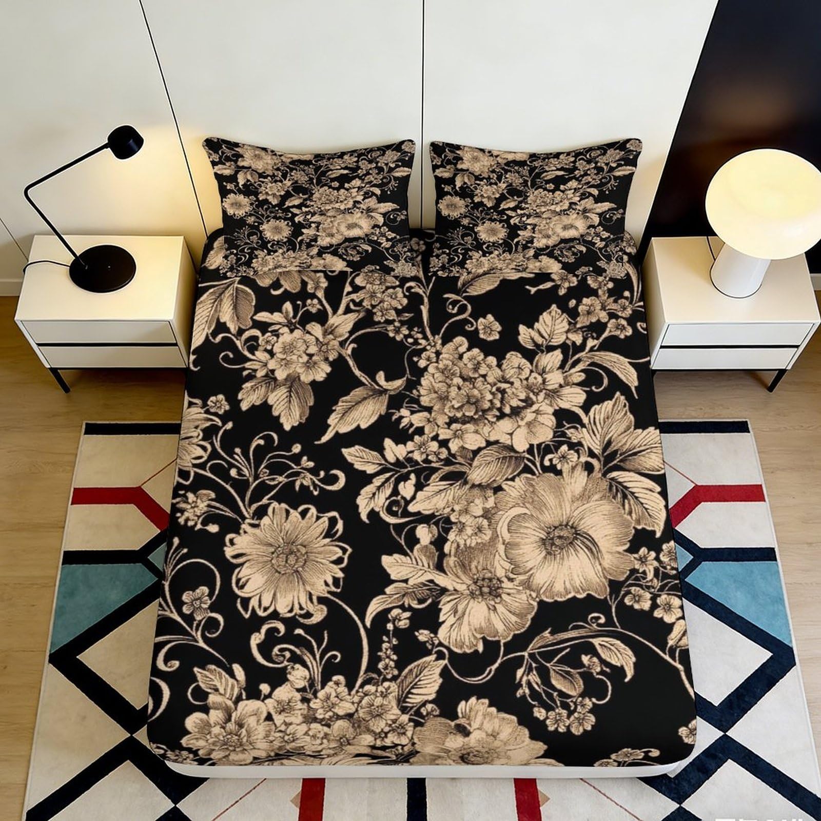 3D Printed Vintage Floral Fitted Sheet Microfiber Soft Black Beige Baroque Flowers Bed Cover for Bedroom Guestroom Decor 90x200x25cm