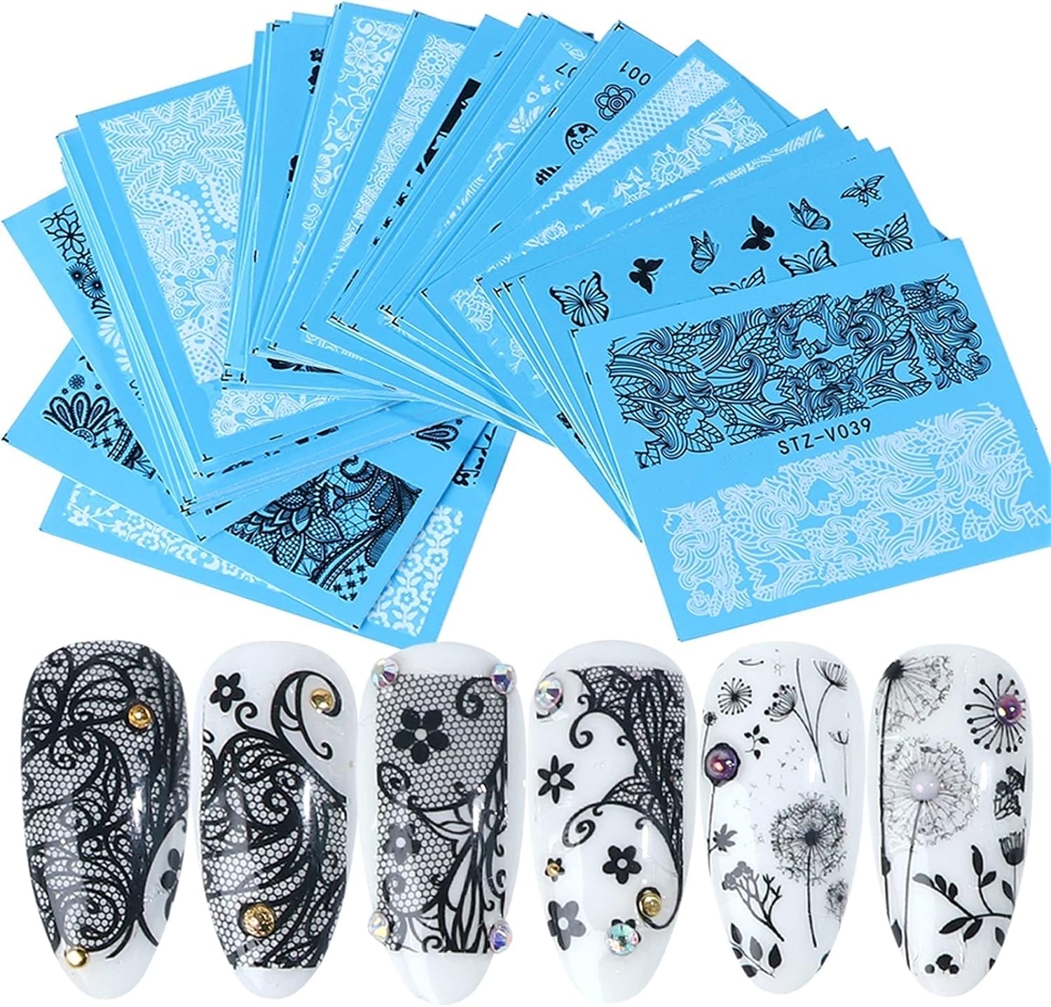 Nail Sticker, Lace Flowers Nail Stickers 48 Sheet Water Transfer Decals Black White Full Wraps Nail Art Tattoo Manicure Tips : Beauty & Personal Care