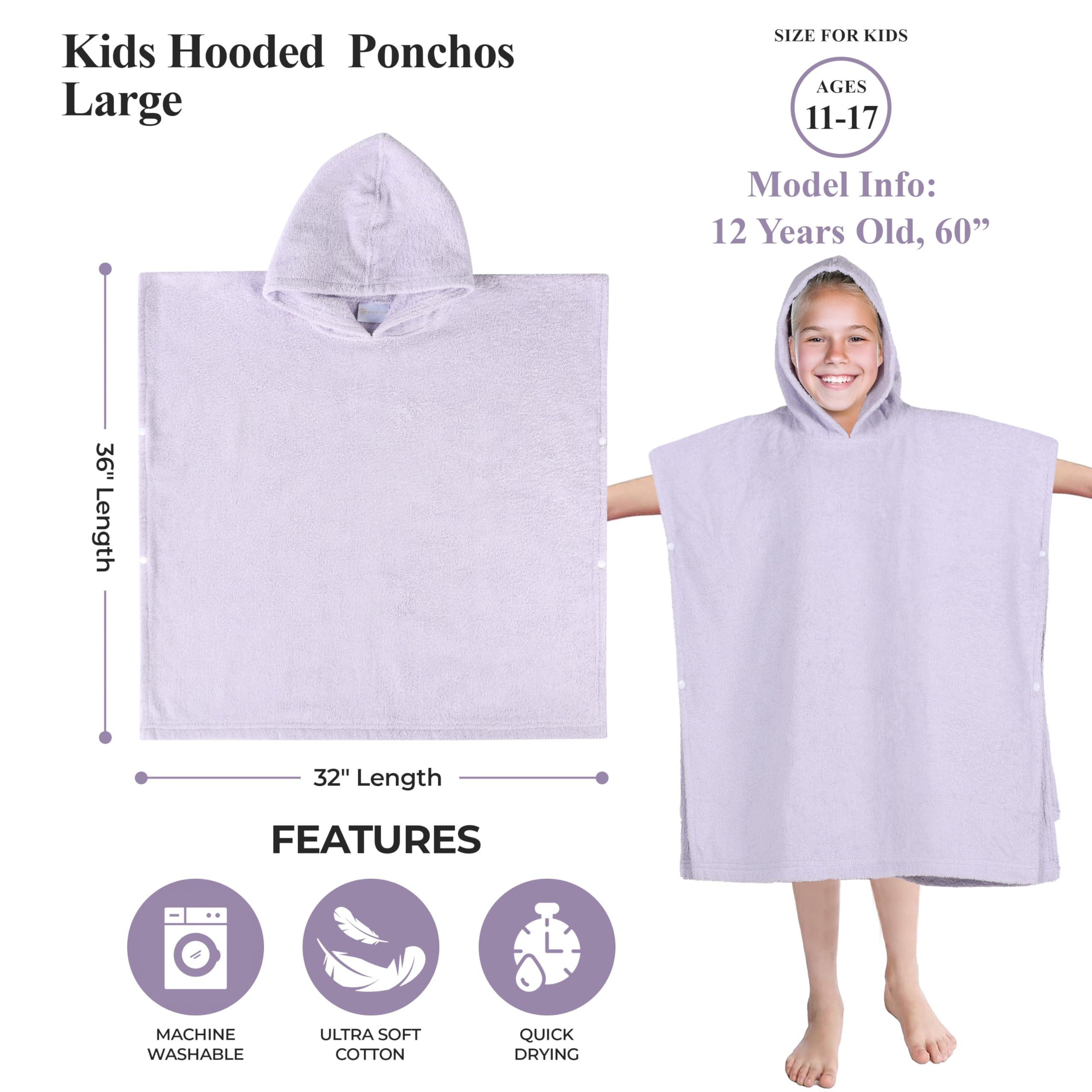 Superior Kinder Baumwoll-Frottee-Poncho, weiches, saugfähiges Badetuch mit Kapuze, Badezimmerzubehör, lang, Plüsch-Bademäntel für die Badewanne