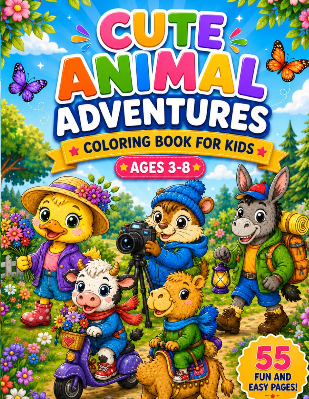Cute Animal Adventures Coloring Book for Kids: Easy & Fun Animal Coloring Book for Kids Ages 3–8 | 55 Cute Pages with Big Bold Designs