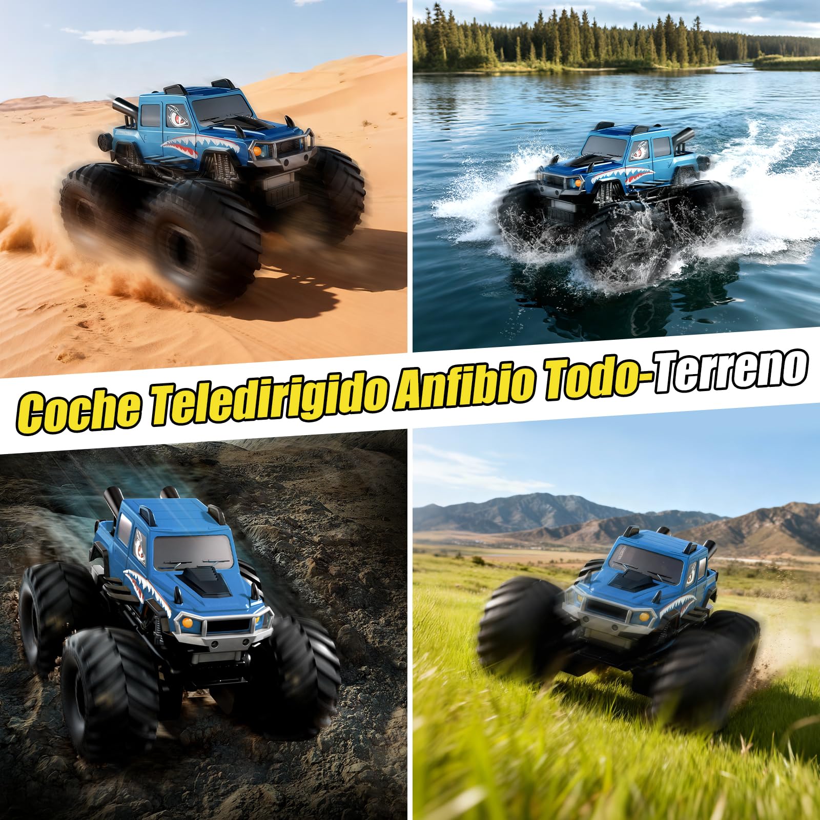 Monster Truck, Coche Teledirigido Anfibio para Niños 6-12 Años - Azul | Todo Terreno RC 4x4 con Sensor de Gestos,Carro Criança Juego Exterior para Jardín/Arena/Agua Regalo Cumpleaños para Niño Niña