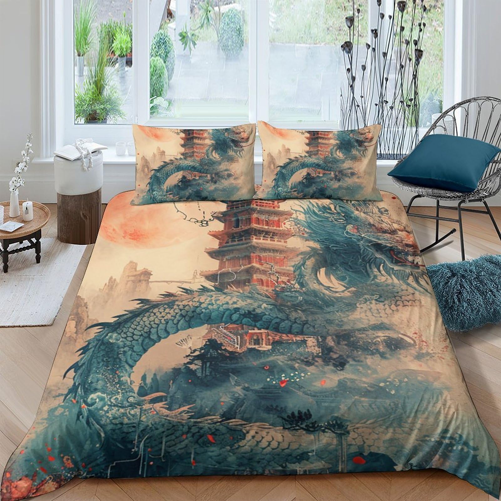 Ctjqhvkz Style-3 3D Printed Chinese Dragon Fitted Sheet Microfiber Soft Breathable Vintage Ink Bed Cover For Bedroom Dorm Mattress Decor Single（135X200cm）