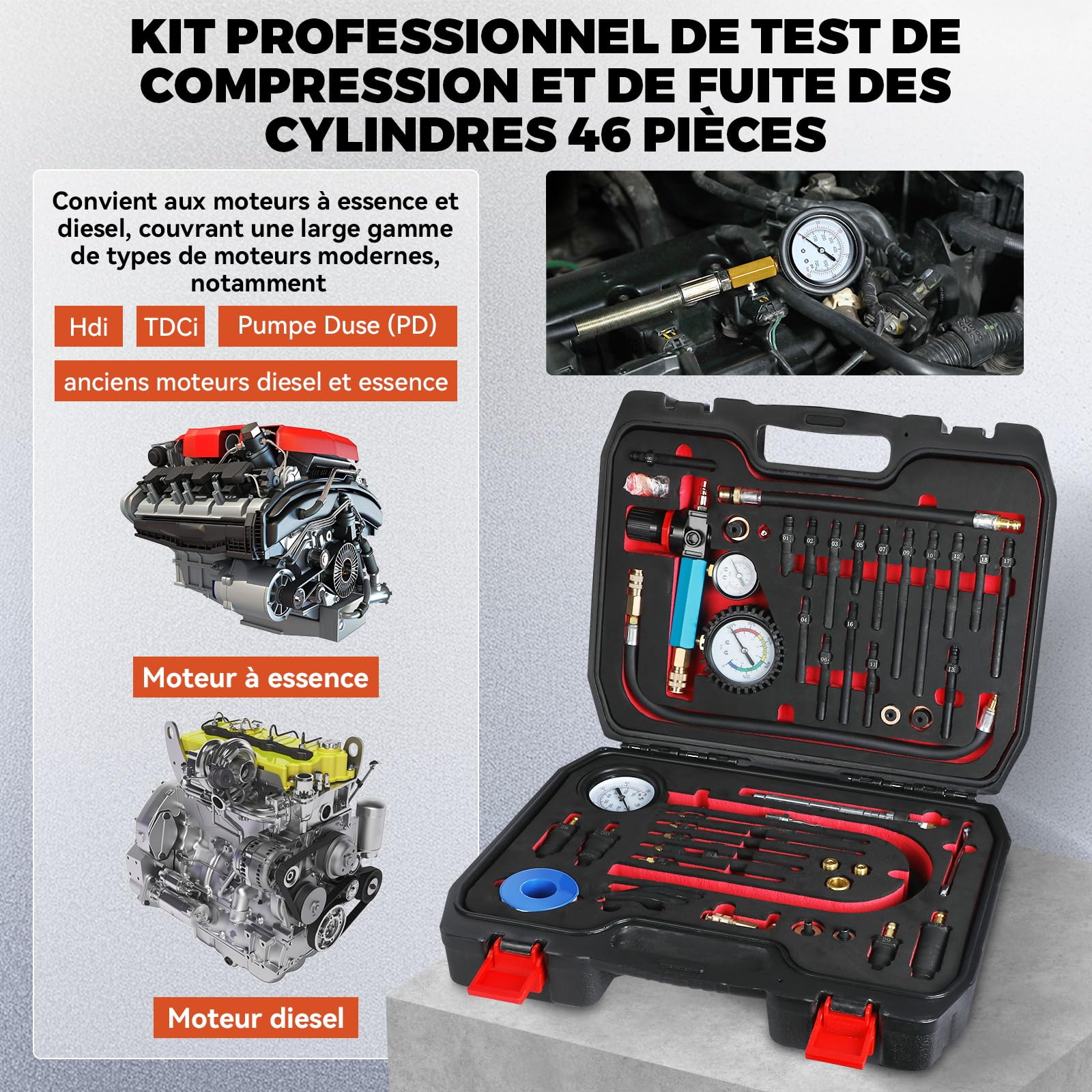46PCS Testeur de Compression Professionnels pour Véhicules Automobiles Testeur de Perte de Pression des Moteurs Compatible Avec Les Moteurs Diesel et Essence