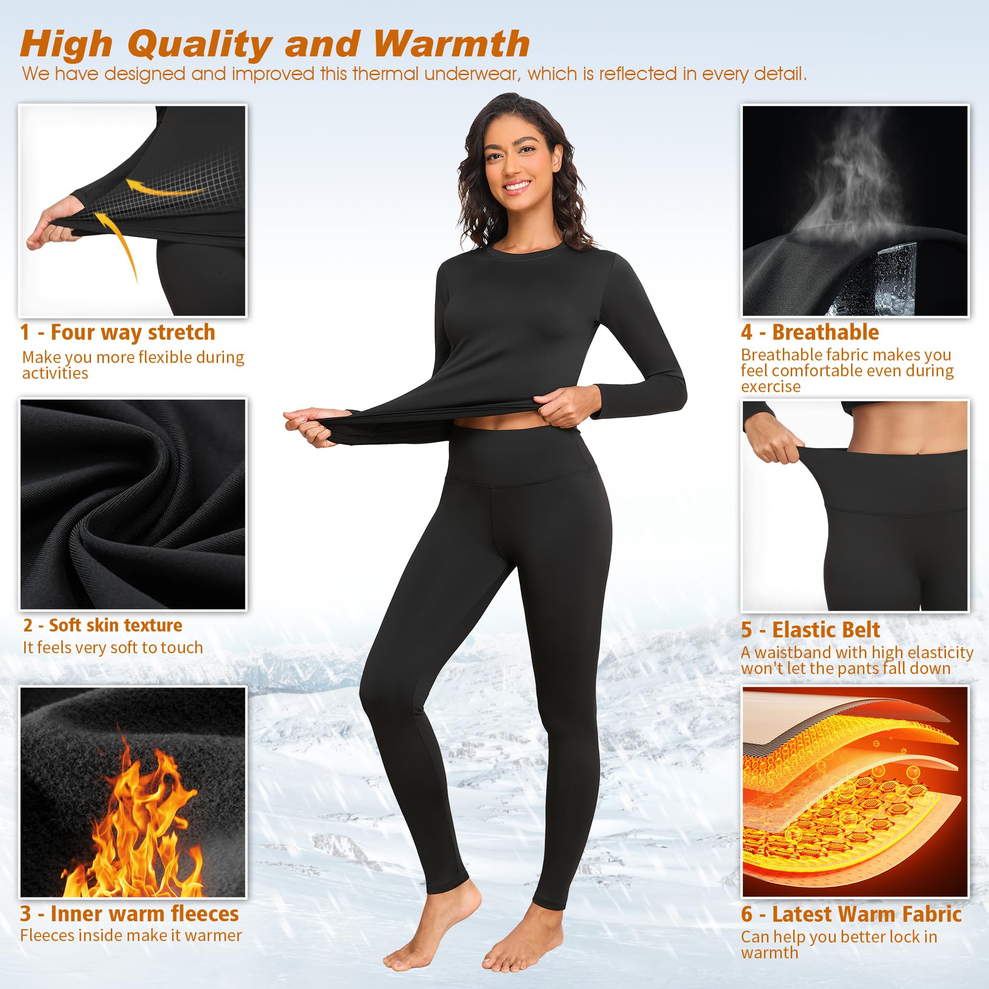 HiZiTi Intimo Termico Donna Maglia Lunga Tuta Invernale Biancheria Termici Abbigliamento Termica Completo Leggings Magliette Calze Pantaloni Termiche Completo Sci Donna Nero Bianca