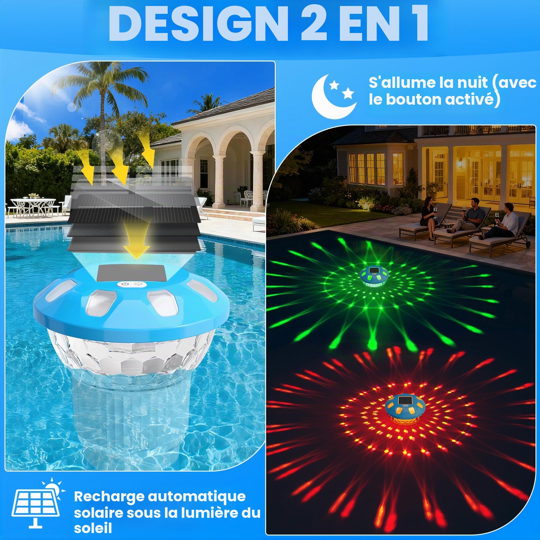 KingSom 2026 Diffuseur Chlore Piscine, Distributeur de Chlore Flottant avec Lumineux Solaire, Contrôle par Bouton Distributeur de Chlore pour Piscine Réglable, Doseur de Chlore,Flotteur Chlore Piscine