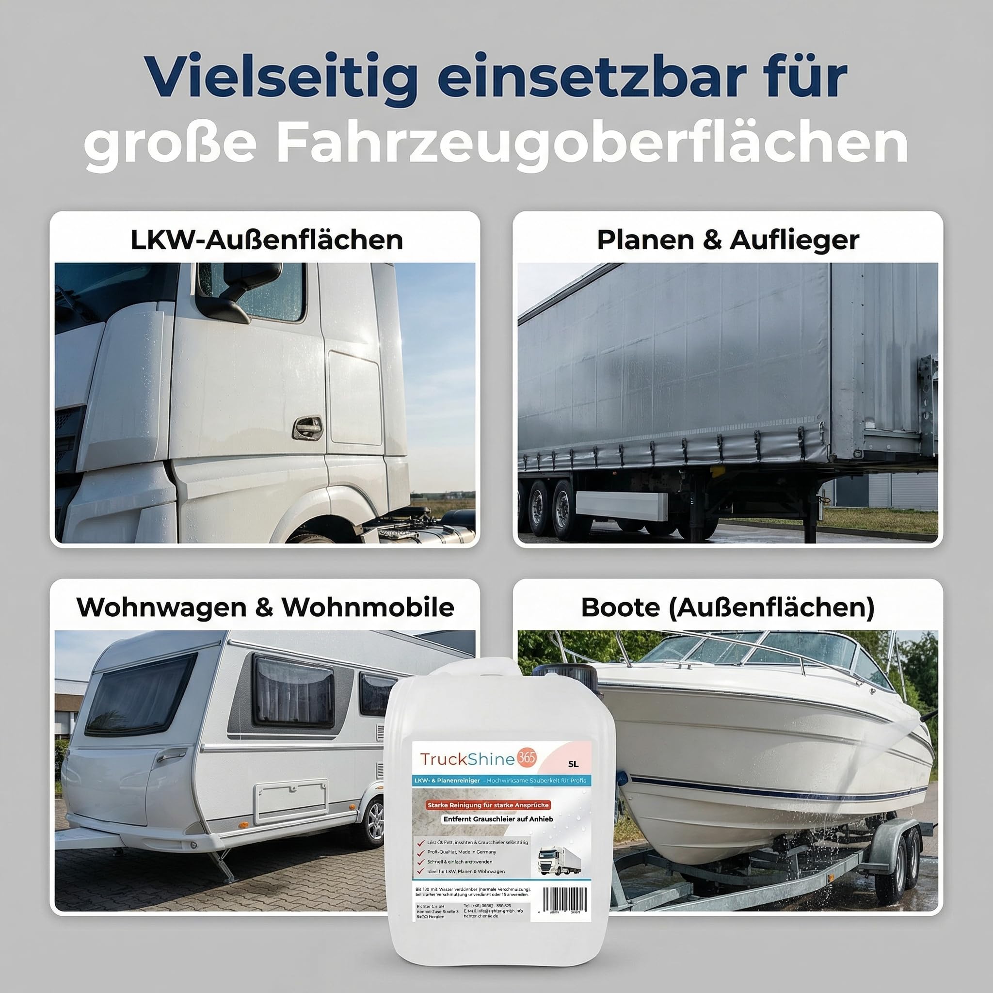 TruckShine365 LKW Reiniger & Planenreiniger Konzentrat, 5L Kanister | Alkalischer LKW Außenreiniger, Gegen Grauschleier, Öl, Fett & Insekten, Verdünnbar bis 1:10, Profi-Qualität