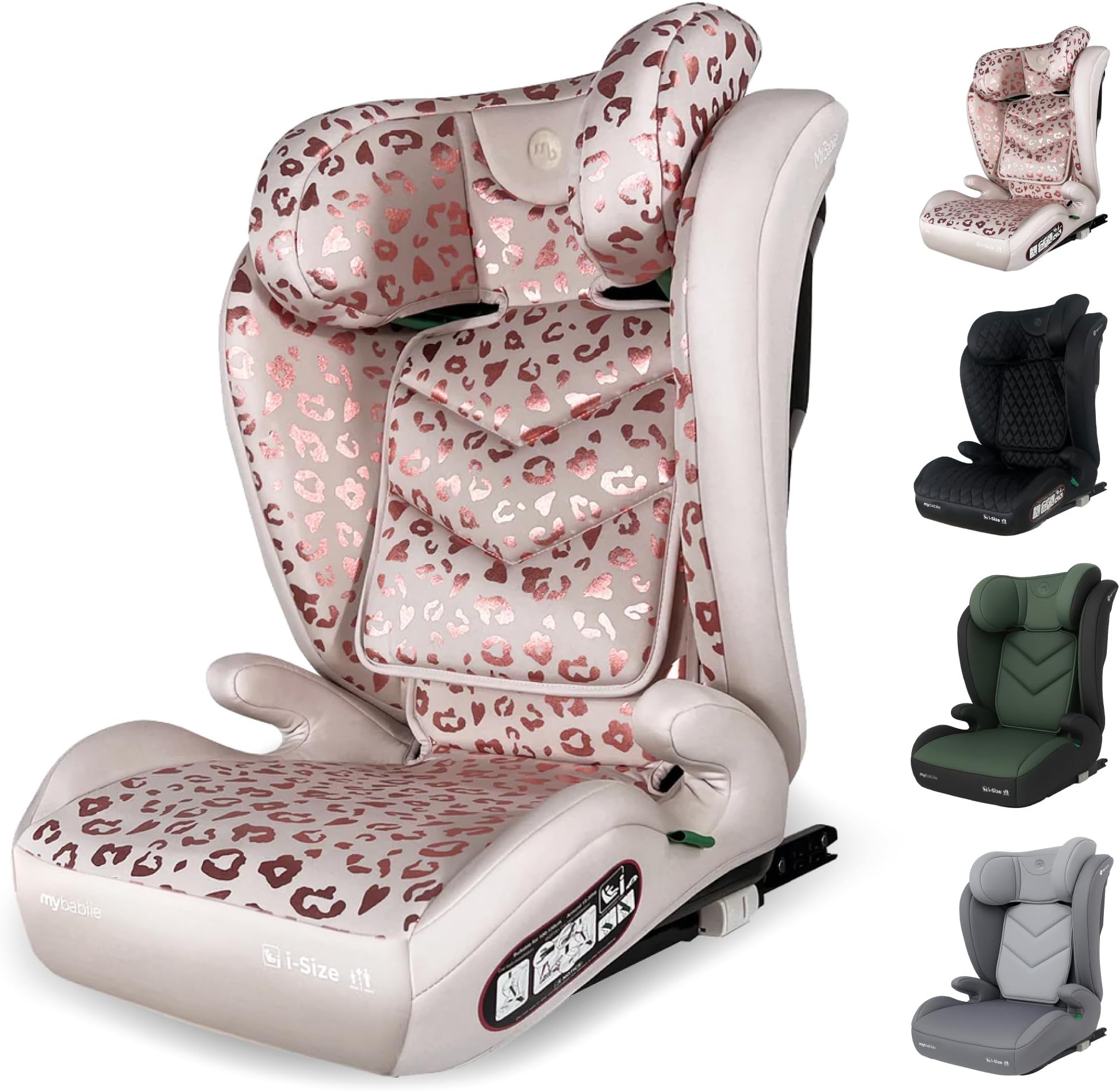My Babiie Highback Booster Car Seat - ISOFIX, 100-150cm (Approx. 4-12 Years, Group 2/3), i-Size R129, Adjustable Child High Back Seat, Padded, 10 Position Headrest - Blush Leopard