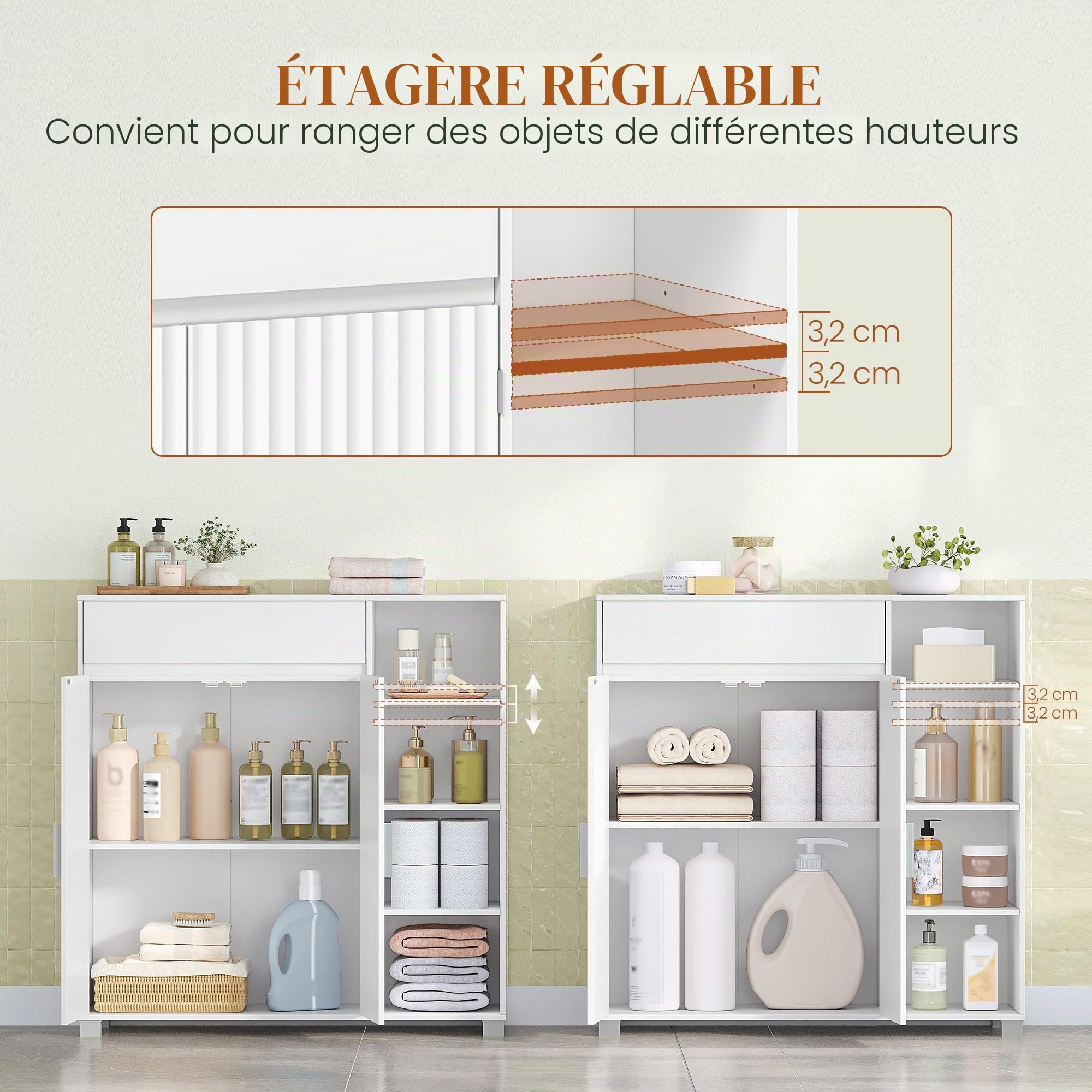 HEXCELEN Meuble de Salle de Bain, Meuble de Rangement, 100 x 103 x 30 cm, Armoire Salle De Bain avec 2 Portes, Compartiment Ouvert, 1 Tiroir, Étagères Réglables, Blanc