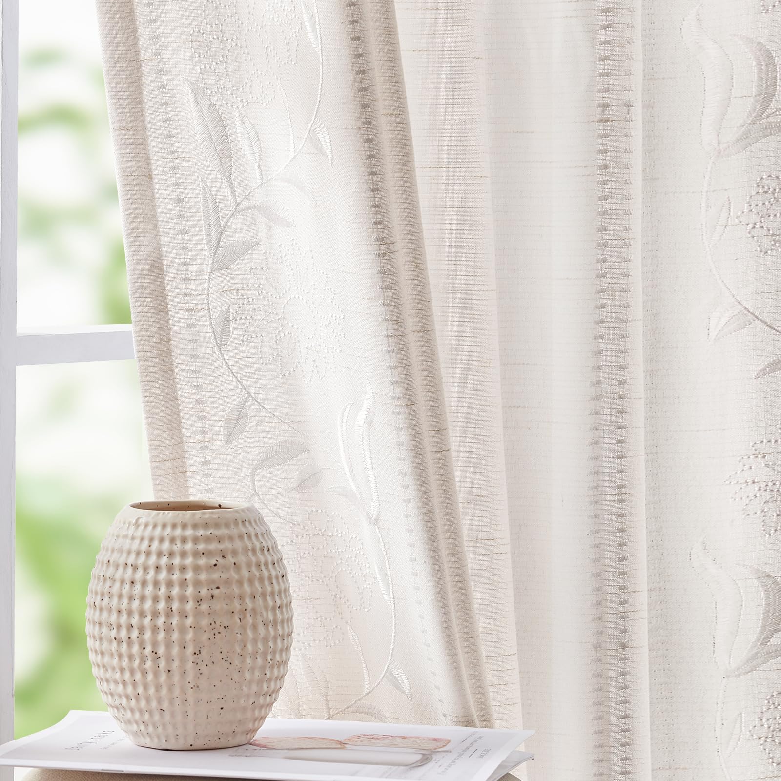 Photo 1 of jinchan Winslow Linen Curtains for Bedroom 96 Inches Length Embroidered Bordered Floral Curtains for Living Room Farmhouse Decor Light Filtering Window Treatments White on White Drapes 2 Panels