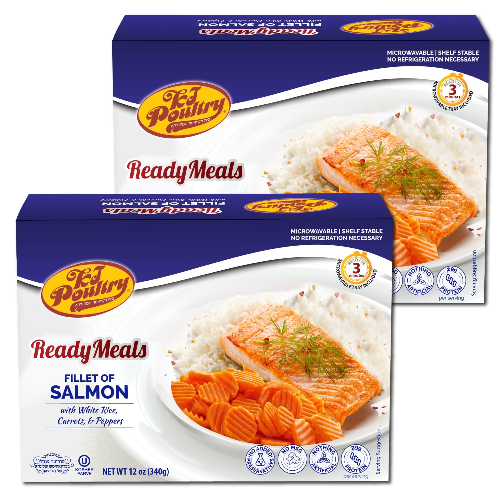 KJ Poultry Kosher Ready Meals - Salmon Fillet Fish, Parve MRE Meal Ready to Eat, Protein Food, Halal, (2 Pack) Prepared Entree Fully Cooked, Shelf Stable Microwave Dinner, Travel, Military, Camping