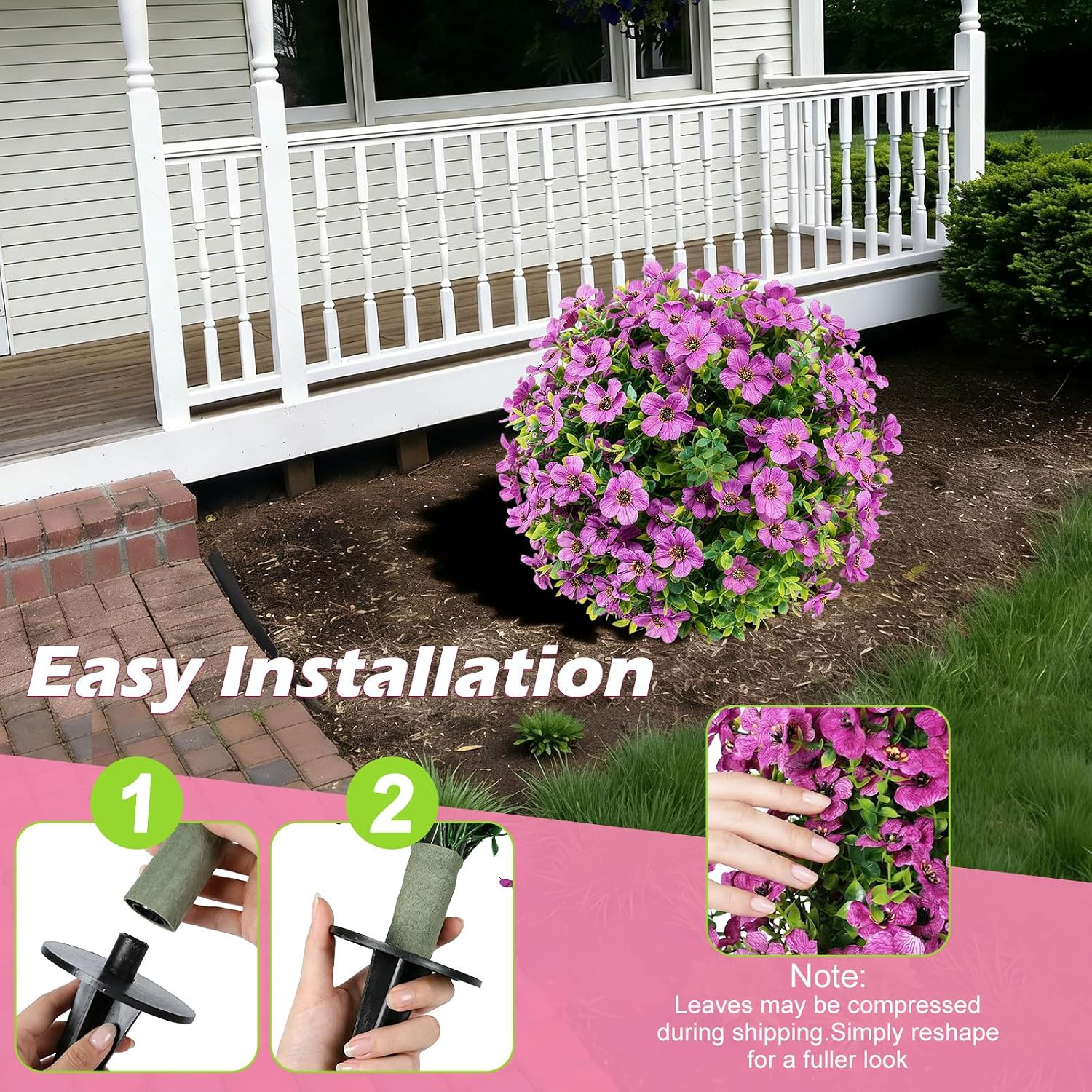 2 Pack Artificial Violet Blossom Topiary Trees, 23.6" Faux Flower Ball Trees, UV Resistant Faux Shrubs with Ground Spike for Front Porch, Patio, Garden, and Entryway, Purple
