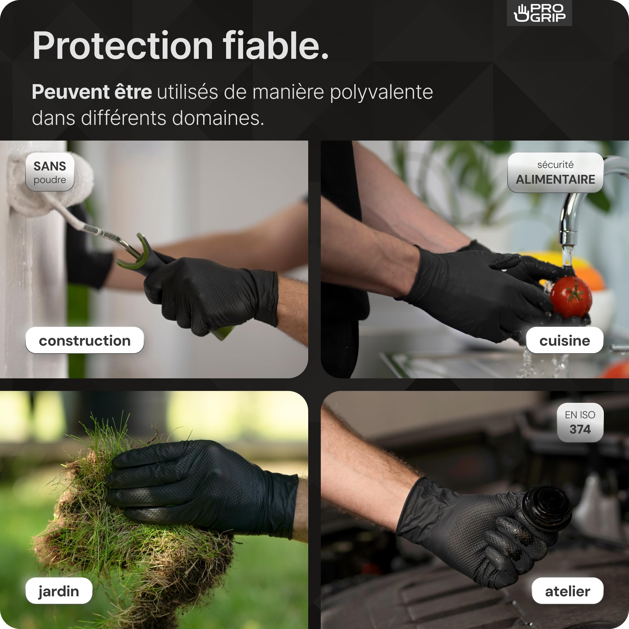 PROGRIP Gants nitrile taille L Noir double épaisseur texture diamantée usage unique atelier industrie montage