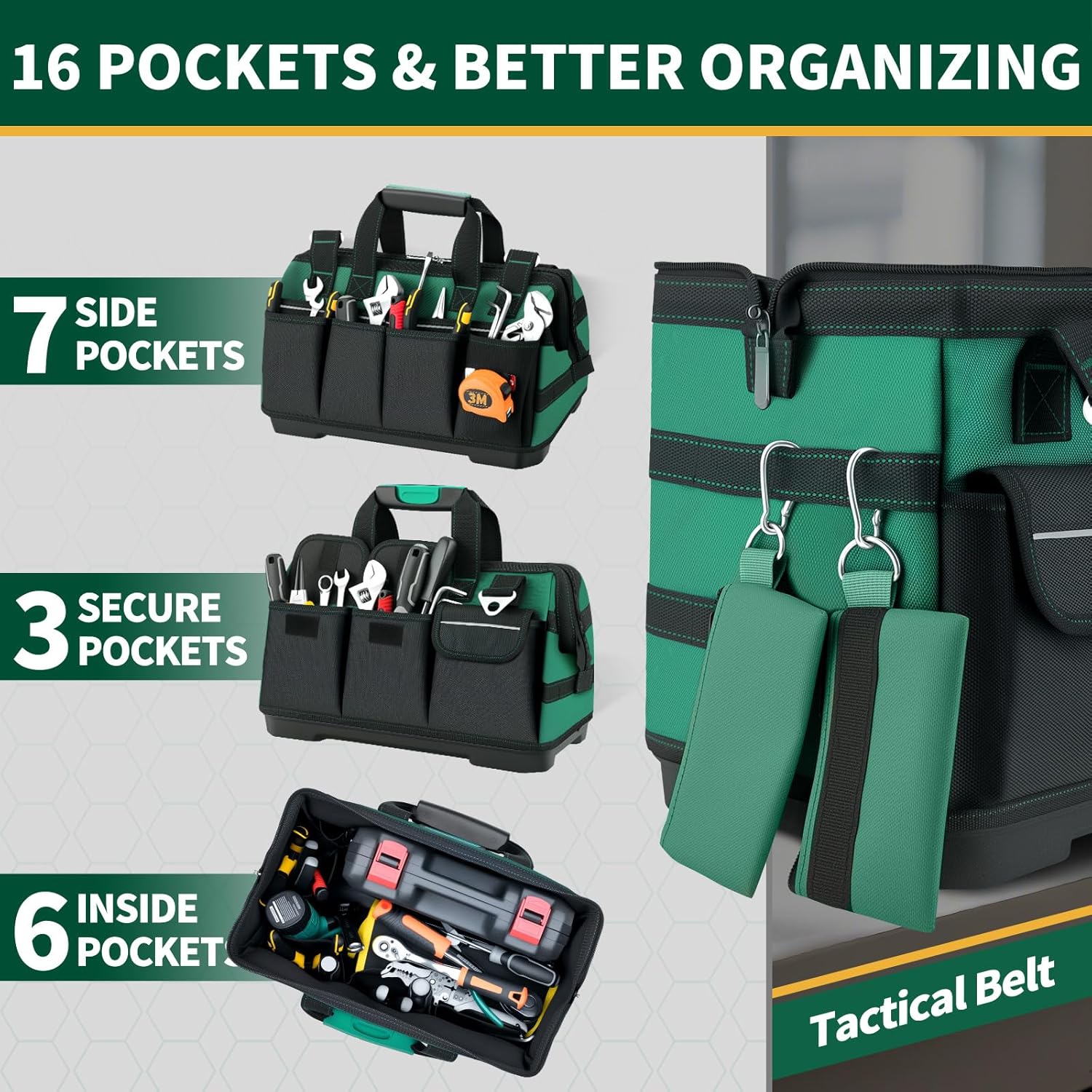 Tool Bag, 15 Inch Molded Bottom Toolbag, 18-Pocket Heavy Duty Portable Waterproof Toolbox, Soft Handle Tool Organizer for Mechanics, DIY, Valentines Day Gifts for Him Dad Men - Image 3