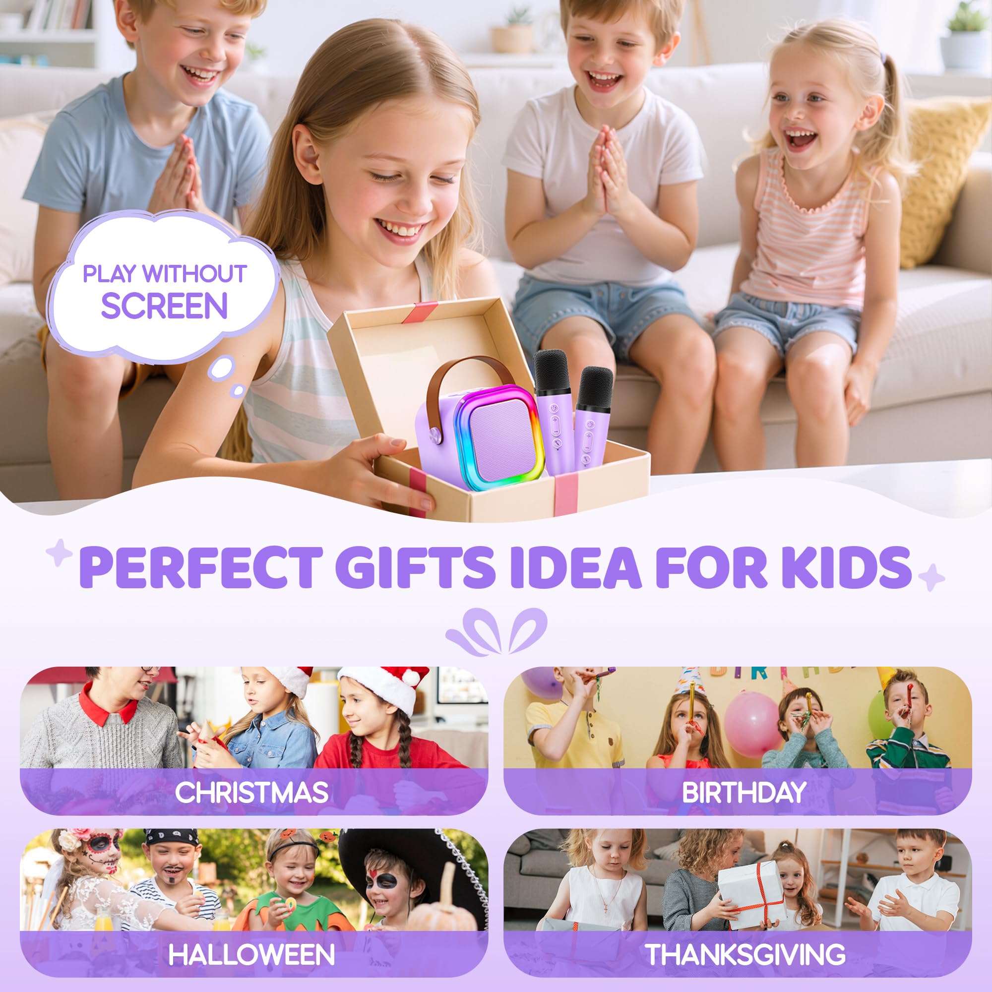 IROO IROO Mini Karaoke Machine for Kids, 2026 TOP Kids Toys Birthday Gifts Ideas for Girls Boys Ages 3-12+ Years Old, Portable Bluetooth Speaker with 2 Wireless Mics, Noisemaker Toys for Party(Purple) in use