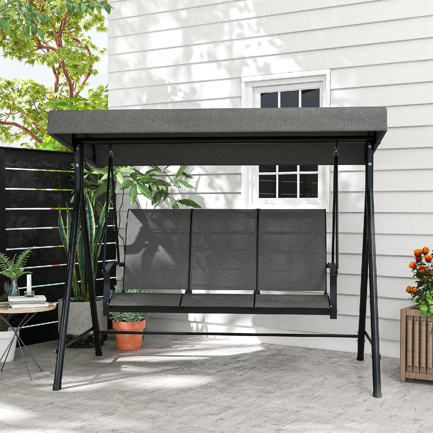Dondolo da Giardino 3 Posti con Tettuccio Parasole in Metallo/Poliestere Dimensioni 195x118x170 cm Colore Grigio Scuro