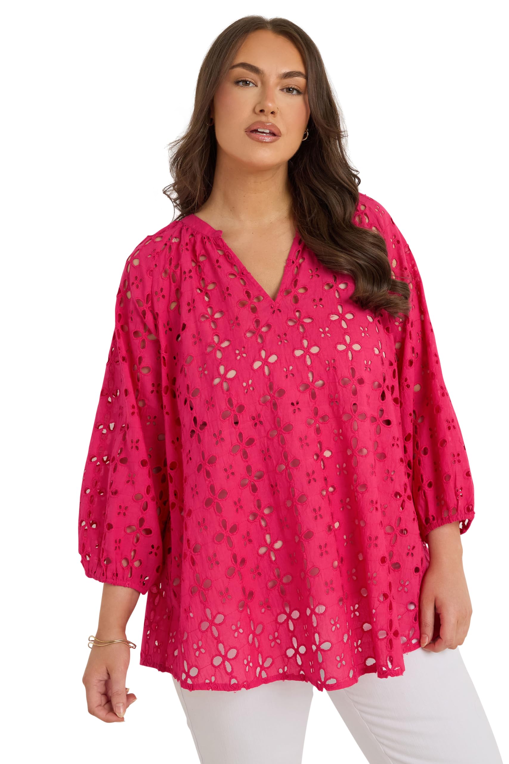 Long Sleeve Broderie Blouse - Pink Cotton Linen Blend - Evans - Size 22-24