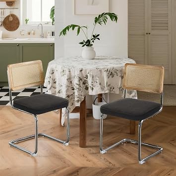 Linen Dining Chairs Set of 2 Handwoven Rattan Back Upholstered Seat&Chrome Base Mid Century Kitchen Chair,for Dining Room,Living Room,Bedroom,Black