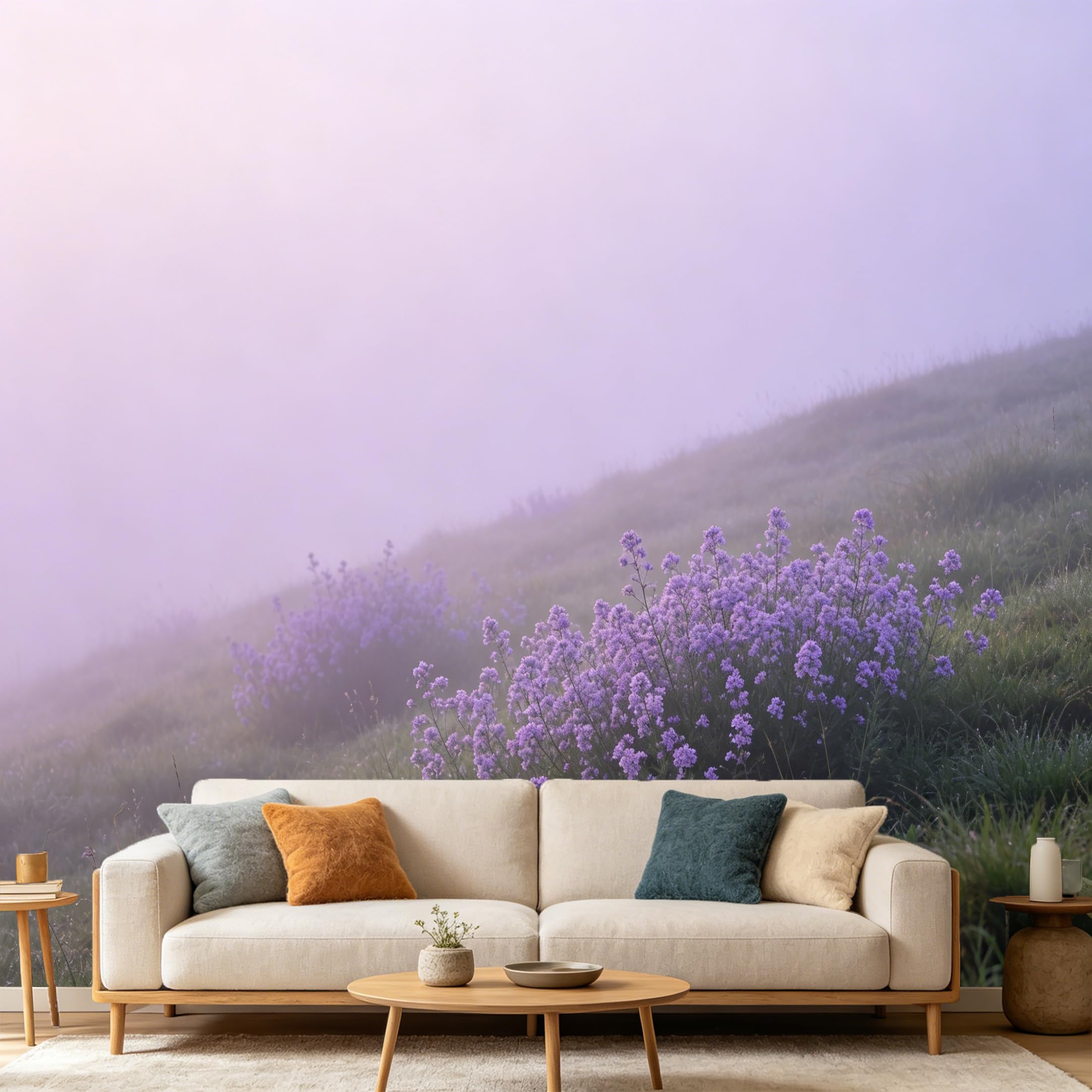 Custom Size Wall Mural Misty Mountain Meadow Purple Wildflowers Landscape SelfAdhesive Art Prints wall Fabric (No PVC) Removable Wallpaper Home Bedroom Decor