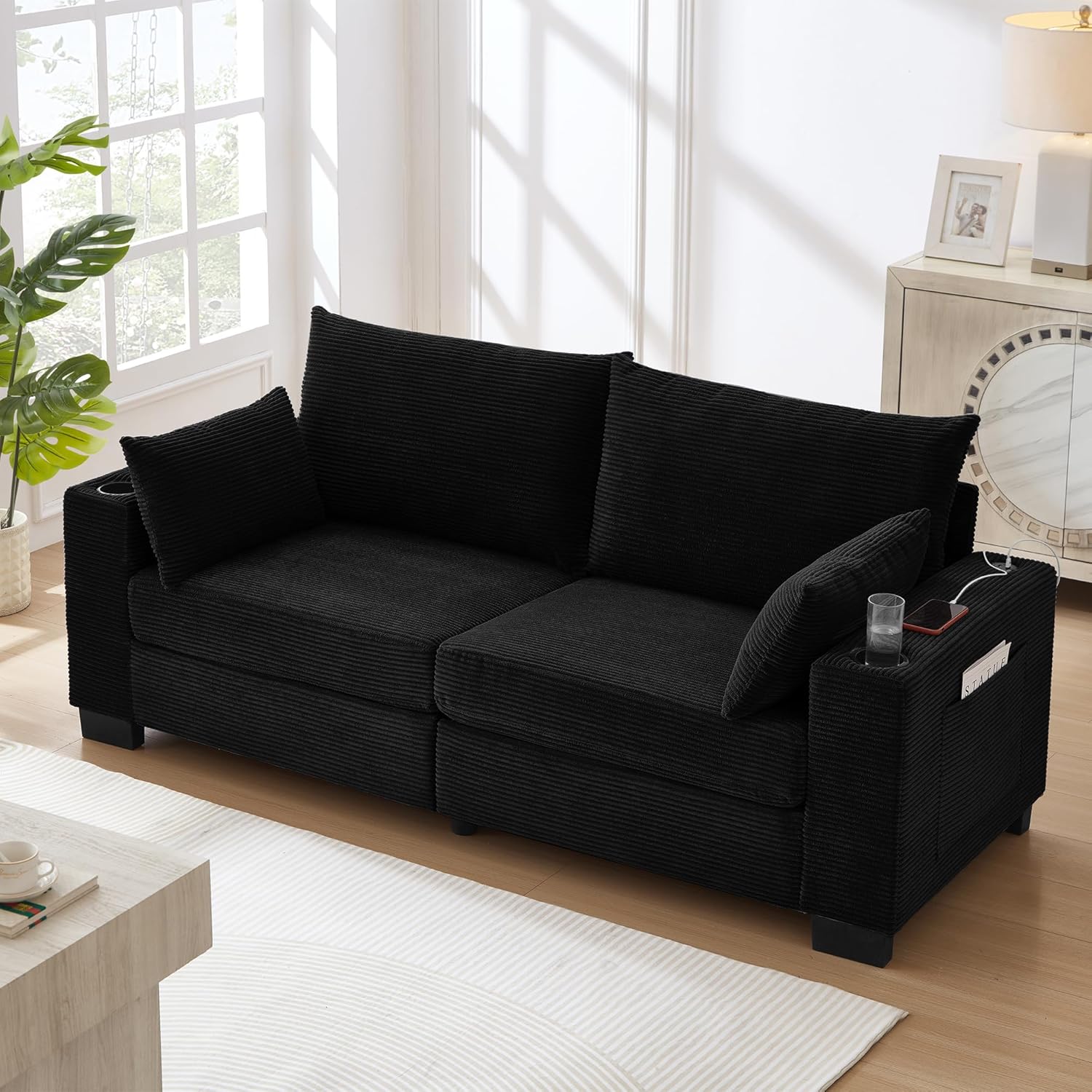 78" Cloud Loveseat Sofa, Modern 2 Seater Loveseat Couch with Dual Cup Holders & USB Charging Ports, Comfy Corduroy Upholstered Sofa with Side Storage Pockets for Apartment | Layers Seat Cushions, 20" High Backrest, Easy-Assembly