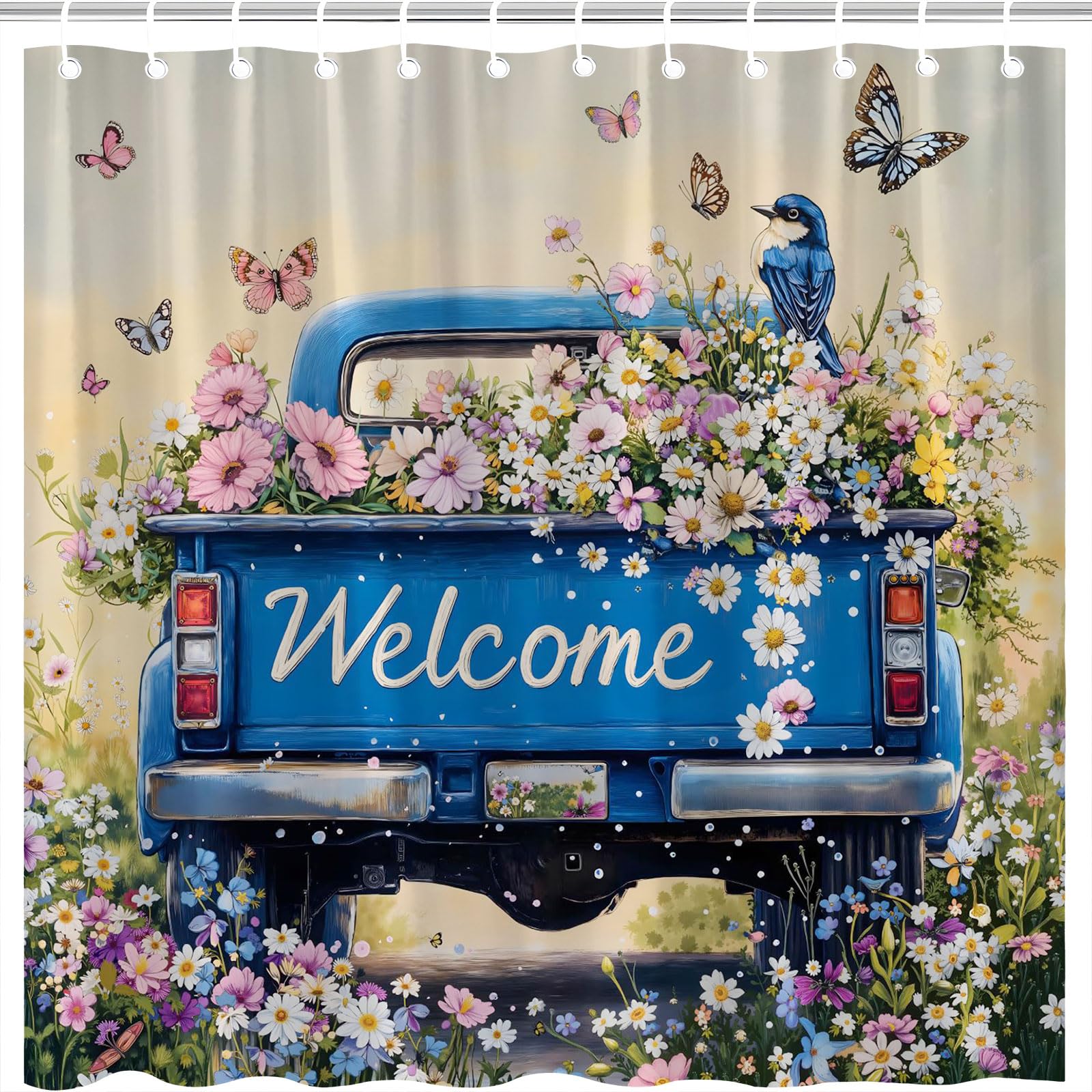Farmhouse Truck Shower Curtain Rustic Colorful Wildflower Daisies Butterflies Hummingbird Blue Vintage Car Watercolor Country Nature Landscape