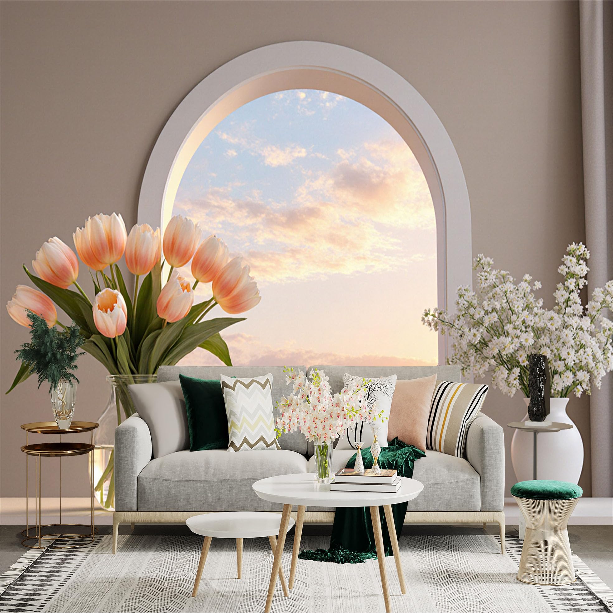 Custom Size Wall Sticker Mural， Arch Window View， Tulips in Glass Vase， Serene Coastal Sunset， Scenic Ocean Horizon， for wall Decoration， peelandstick wall Decals.