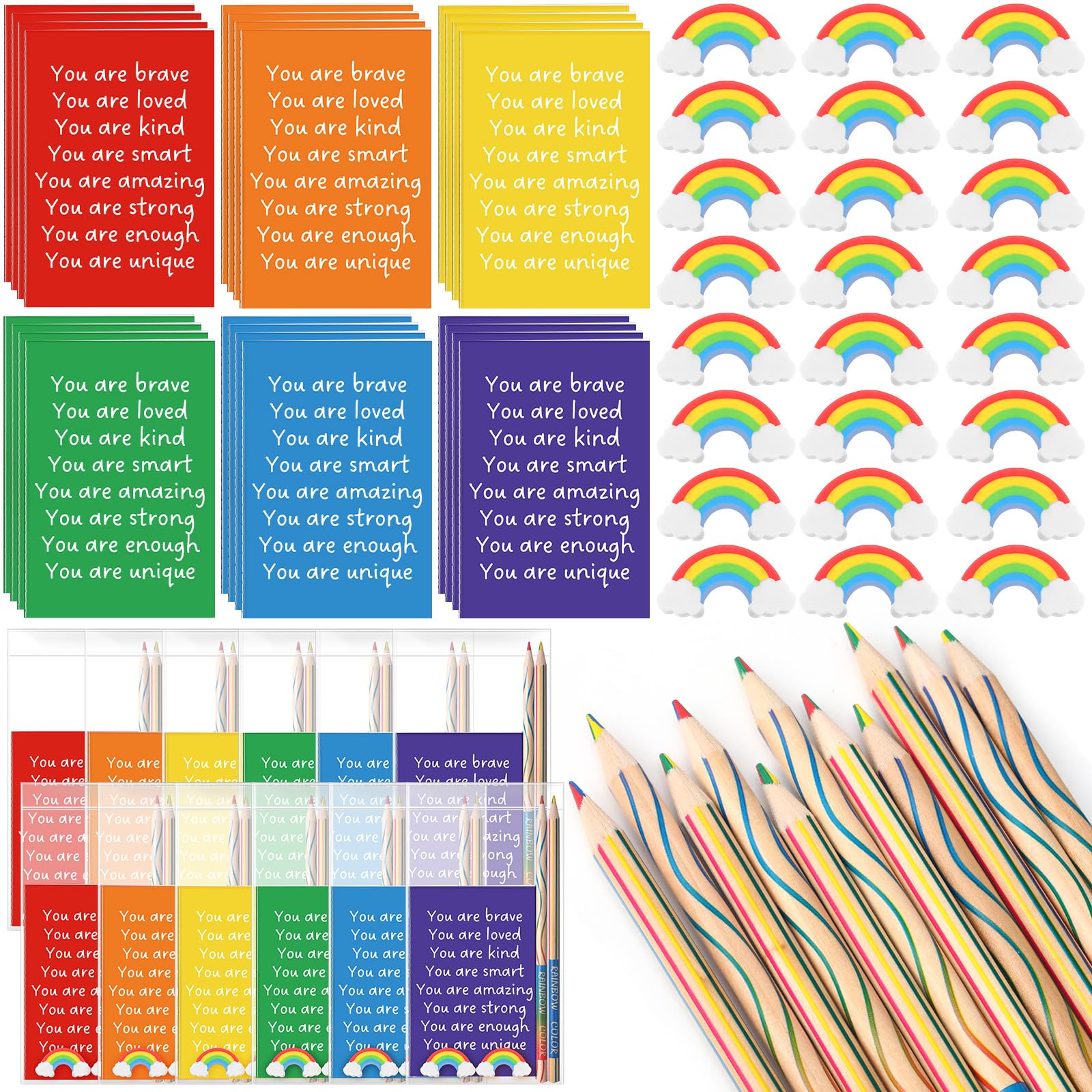 Spakon 24 Sets 100 Day of School Gifts Includes Rainbow Mini Notepads Motivational Mini Pocket Notepad Rainbow Erasers Colored Pencils Students Gifts