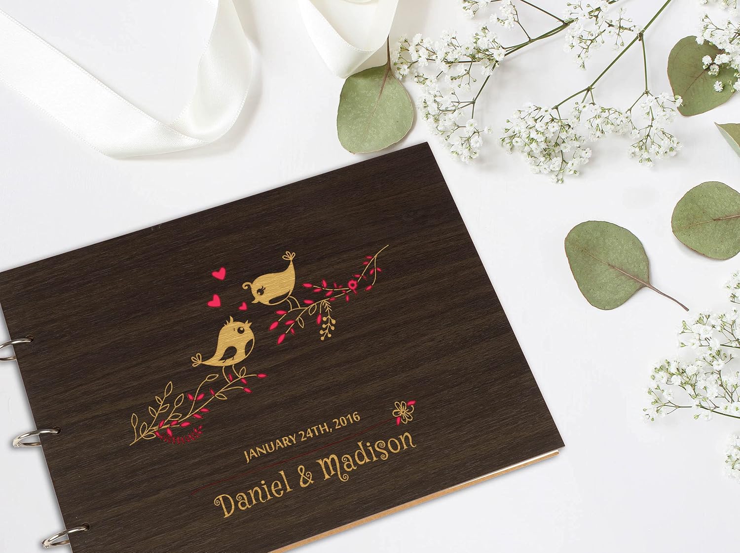 Darling Souvenir Personalized Engraved Laser Cut Wedding Guest Book Wooden Cover Sign-in Book Registry Guestbook Scrapbook-MW
