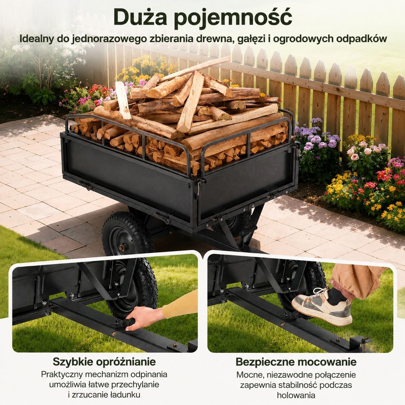Przyczepa wywrotka 500 lb / 226,79 kg, czarny wózek ogrodowy z pedałem nożnym i uchwytem do ATV, UTV, kosiarki oraz traktora
