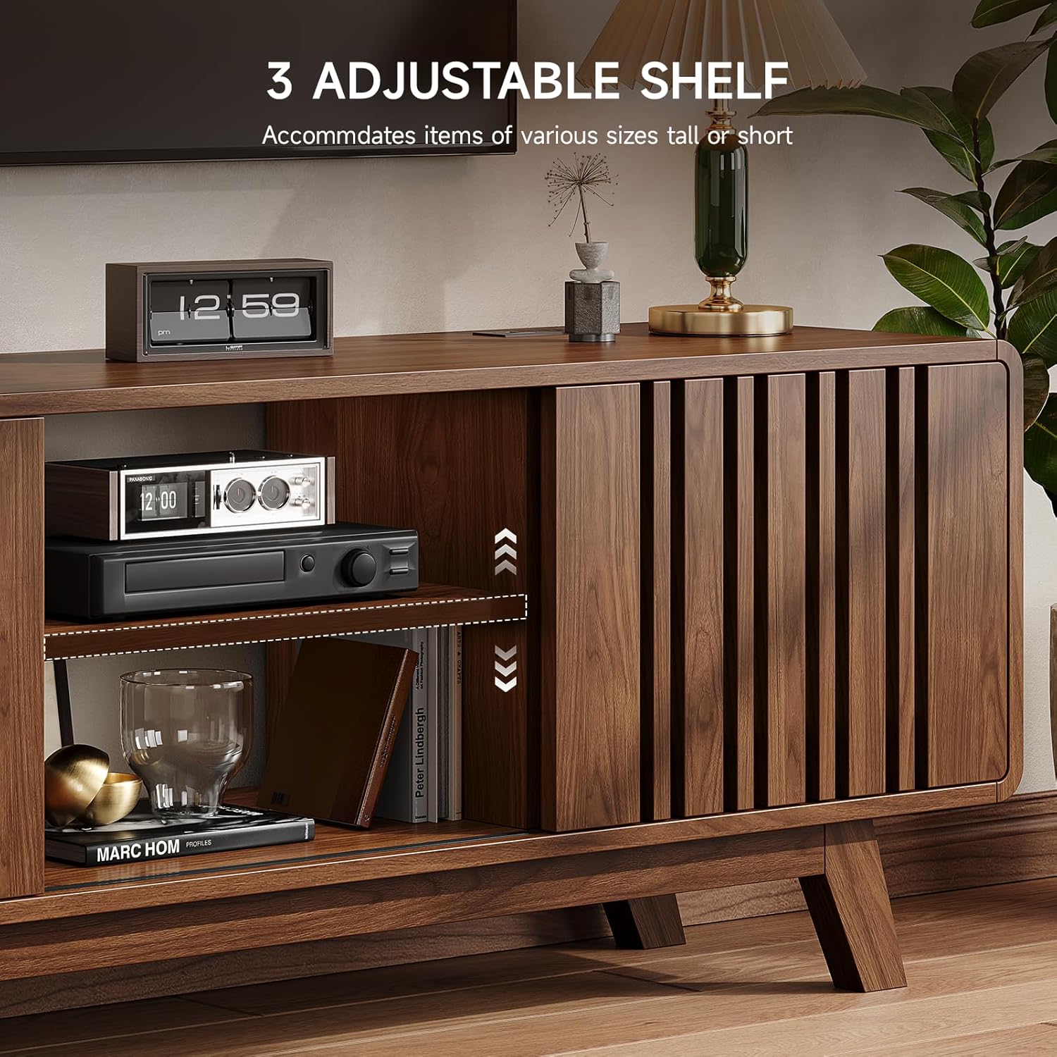 ONBRILL 63-Inch TV Stand for TVs up to 75 Inch, Mid-Century Modern Television Stand with Power Outlet, Entertainment Center with Sliding Grille Door Cabinets and Open Shelves for Living Room, Walnut - Image 5