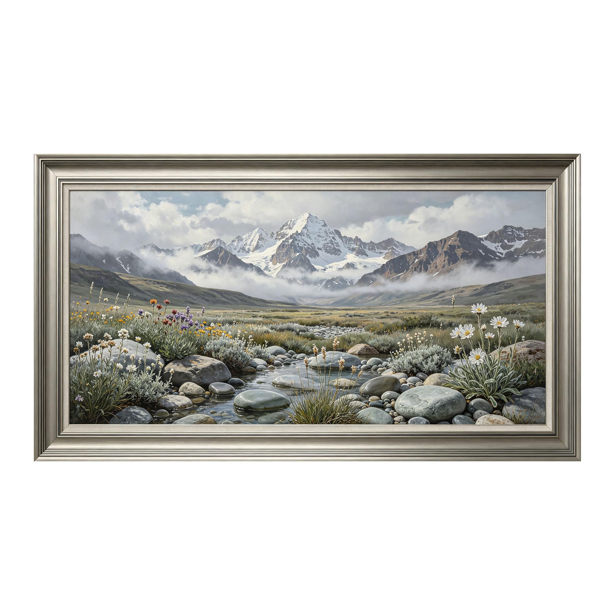 Yzpallescene 3D Framed Wall Art 50cm×100cm Snowy Mountain Alpine Meadow Botanical Oil Painting Large Size SelfAdhesive Removable Wall Decor Prints Artwork for Living Room Bedroom Office